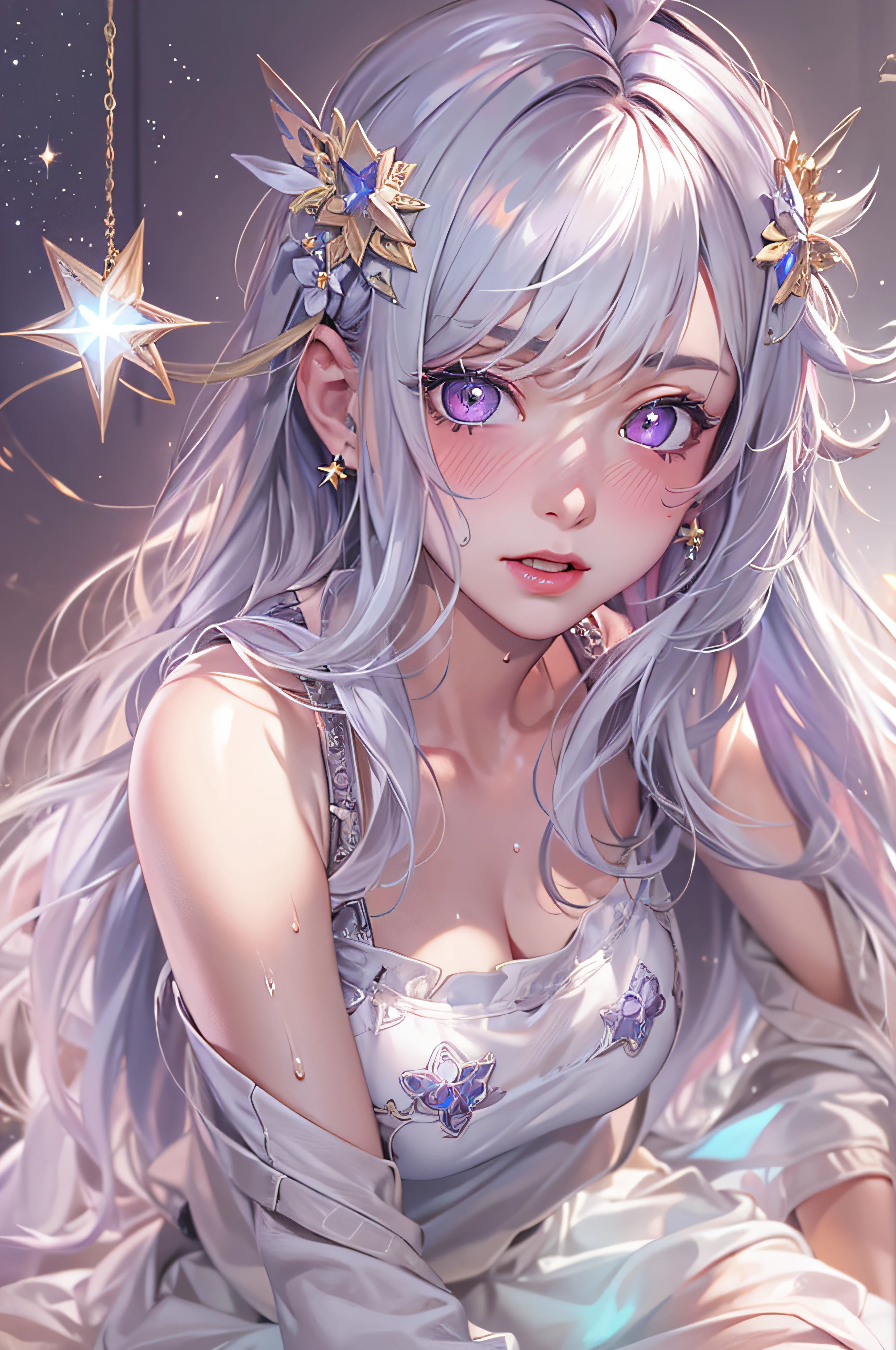 (masterpiece, top quality, best quality, official art, beautiful and aesthetic:1.2), (1girl:1.3), (fractal art:1.3),absurd, masterpiece, best quality, realistic, hyper-detailed, (shiny skin, sweaty:1.4), looking at viewer, slender, solo, white sneakers, white miniskirt, long hair, white hair, red eyes, heterochromia, multi coloured eyes, (thick thighs:0.5), dynamic lighting, high resolution, sharp focus, depth of field, medium breasts, masterpiece, best quality, ultra-detailed, illustration, ultra-detailed face, best quality face, adult, 1girl, 18 years old, adult, intricate detailed outfit, sexy pose, glowing red dress, cute, kawaii, digital art, finely detailed eyes, blushing, red cheeks, realistic, purple eyes, glowing eyes, top, skirt, parted lips, blush, night, sun, sunlight, cute, kawaii, digital art, finely detailed eyes, embarrassed expression, long_hair, blushing, moon, star_\(sky\), starry_sky, full_moon, photorealistic, asian, woman, mix4