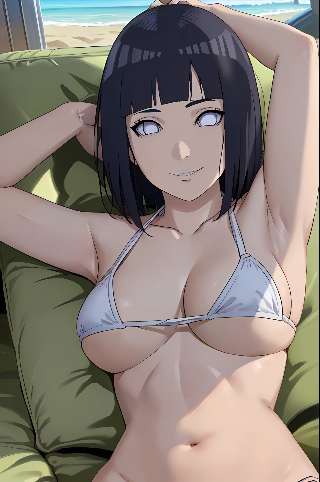 (masterpiece, 8k, anime style:1.9, bold drawing lines, plain, squating, bare body, BIG BREASTS, less clothing, taking off shirt, bare shoulders, sand on body, polished nails, seductive, very tight white micro bikini, no shirt, showing off), hinata\(boruto\), mature female, sunbathing, milf, (curvy:0.8), solo, short hair, hime cut, (dark blue hair color:1.1), white, flat belly, perfect eyes, anime eyes, smoky eyeliner, eyeshadow, perfect face, shy, sharp focus, professional artwork, intricate details, colorful, vibrant colors, vivid colors, digital blending, ultra detailed body, ultra detail hair, ultra detail face, trending on pixiv, kind smile, happy, very hot colors, holding armpit, setting on couch, armpit on couch surface, leaning on couch, hot colors, sunny day