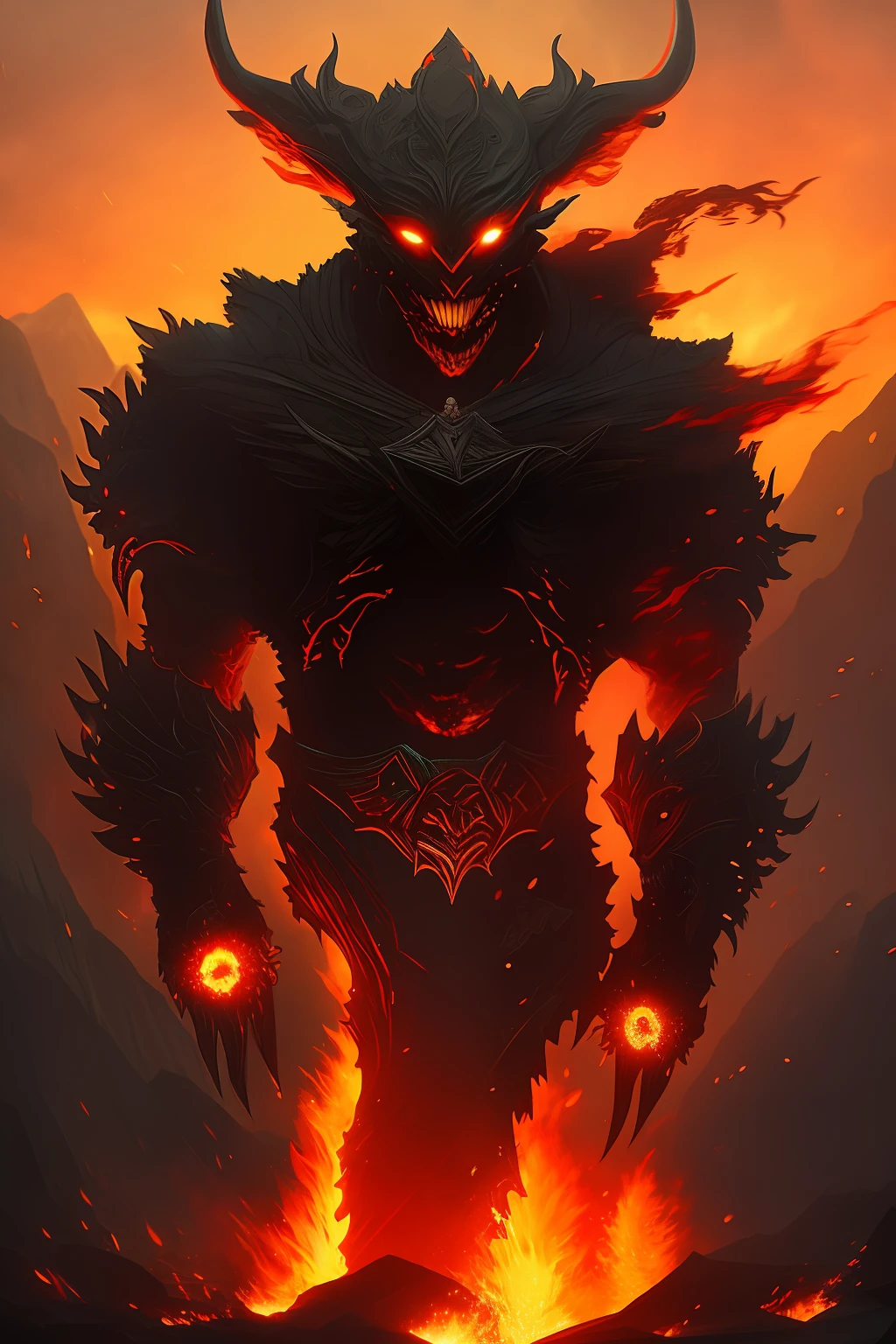 At the peak of a magical storm, two colossal titans face off in a celestial arena. The first is the titan of fire, whose radiant skin emanates intense heat, while the second is the titan of shadows, enveloped in dark mist that seems to devour the very light. Their gigantic silhouettes collide with violence, causing the earth to tremble beneath their divine feet.

The flowing hair of the shadow titan snakes through the air as he raises a sinister sword with an ominous gleam. In contrast, the fire titan raises his flaming fists, his expression determined and courageous. Flames and shadows dance in a clash of primordial forces.

Above, a stormy sky contorts with crackling lightning, as if the very gods are witnessing the duel. The swirling clouds seem to take the form of mythical creatures, bearing witness to the grandeur of the confrontation.