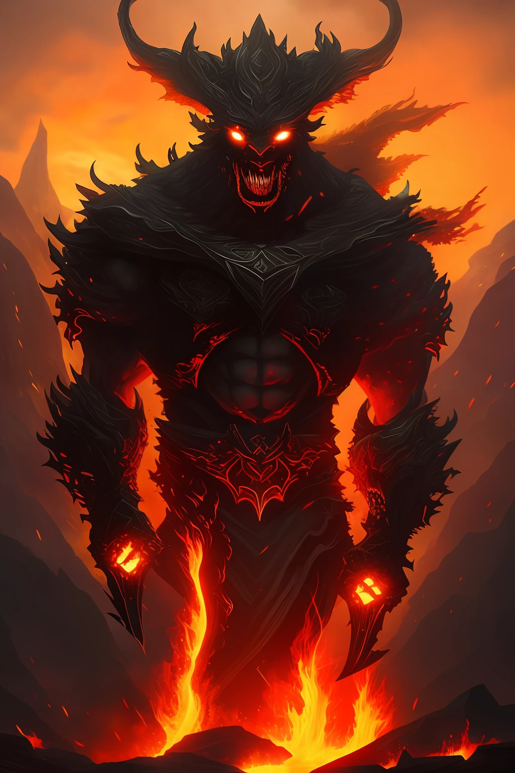 At the peak of a magical storm, two colossal titans face off in a celestial arena. The first is the titan of fire, whose radiant skin emanates intense heat, while the second is the titan of shadows, enveloped in dark mist that seems to devour the very light. Their gigantic silhouettes collide with violence, causing the earth to tremble beneath their divine feet.

The flowing hair of the shadow titan snakes through the air as he raises a sinister sword with an ominous gleam. In contrast, the fire titan raises his flaming fists, his expression determined and courageous. Flames and shadows dance in a clash of primordial forces.

Above, a stormy sky contorts with crackling lightning, as if the very gods are witnessing the duel. The swirling clouds seem to take the form of mythical creatures, bearing witness to the grandeur of the confrontation.