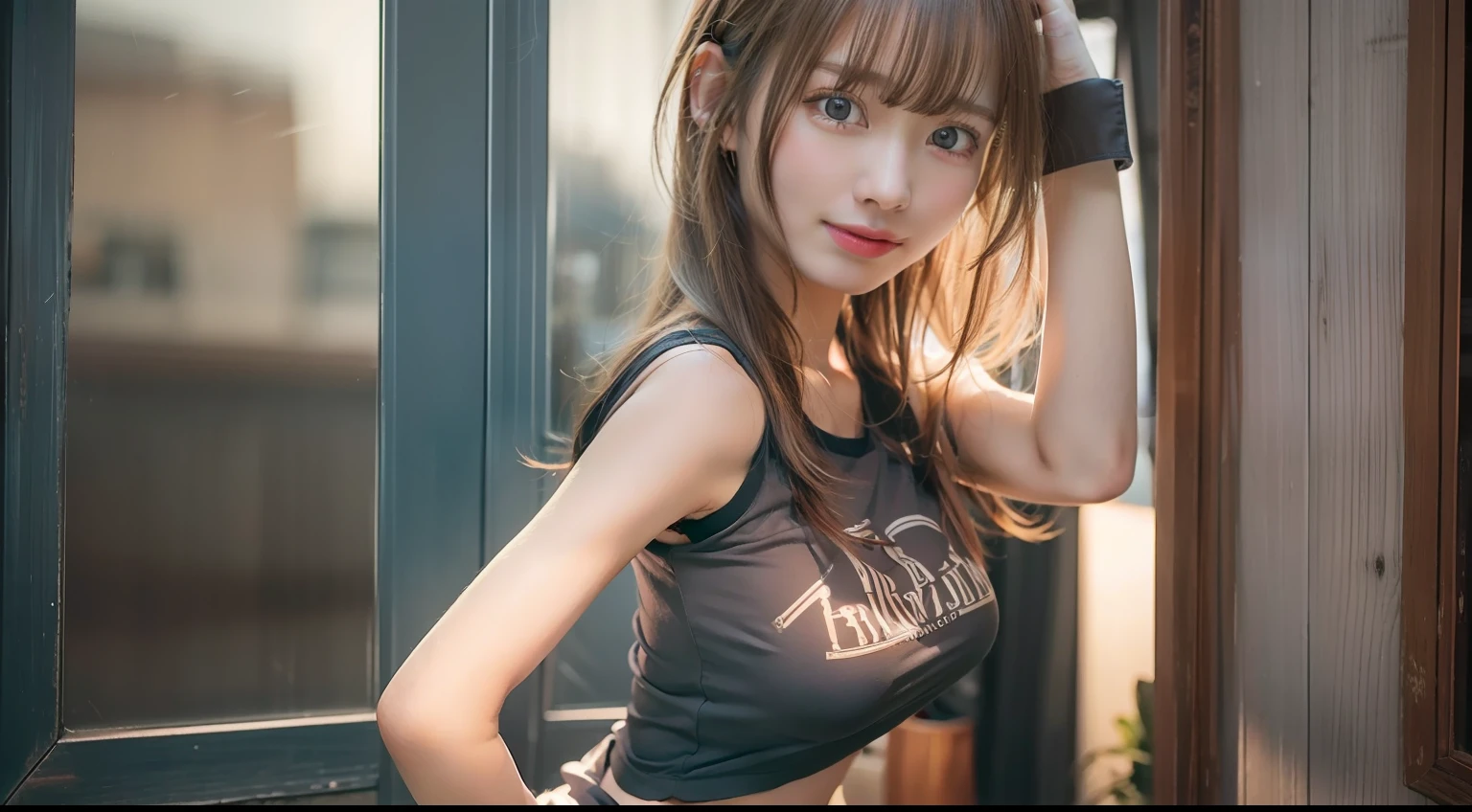 masterpiece, best quality, highres, (photo realistic:1.4),1girl, solo, medium breasts, portrait, big blue eyes, brown hair, detailed clothes, miniskirt, T-shirt, cute, young, posing, very long hair, smile, looking at viewers, (18 years old), indoors,