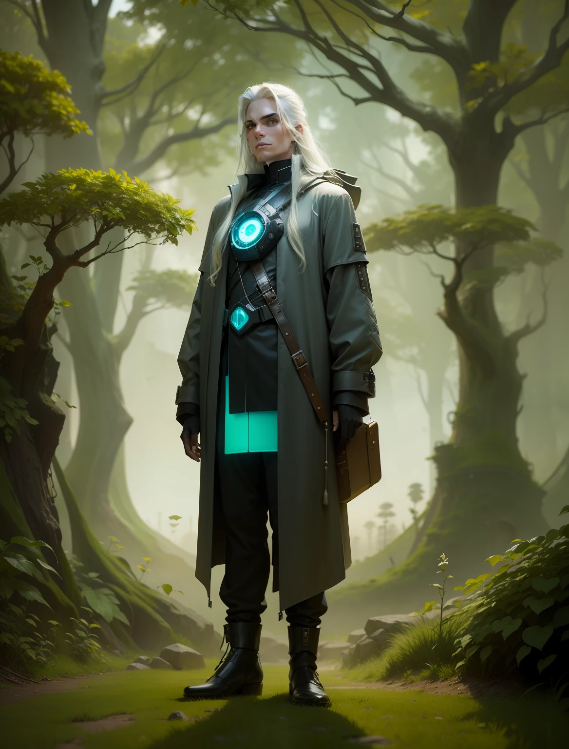 Clean shaven and long witch-like hair. Slightly more futuristic solarpunk coat