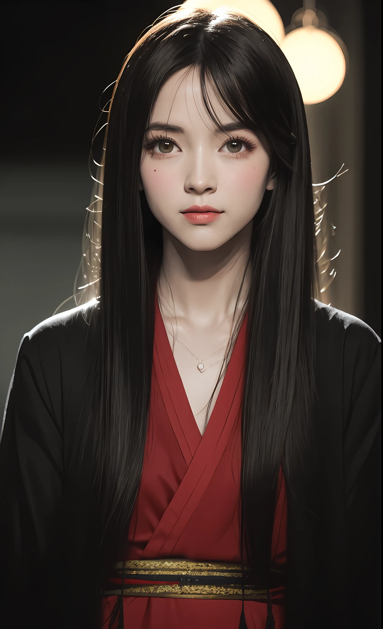 Jisoo, Chica madura, cabello negro, cabello flotante, cabello largo, ojos delicados, pupilas doradas, heroine, hanfu de damasco antiguo negro y rojo, realista, asiatica, obra maestra, escena compleja, hermosa toma de retrato, amable, cinematography lighting, templo, nocturno.