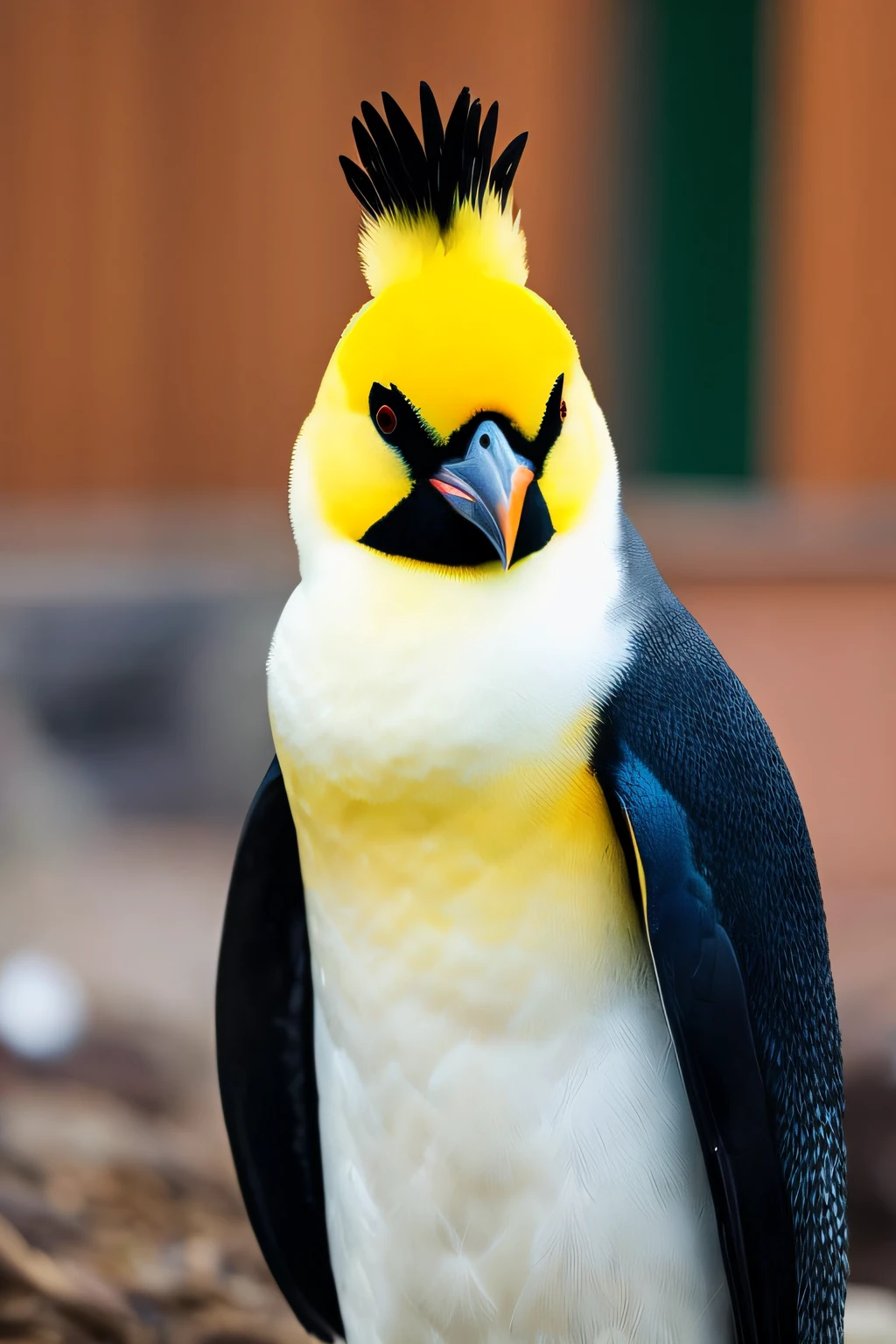 emperor penguins with the APPEARANCE of a cockatiel, PLACED on the head, there is a cockatiel topknot with yellow feathers, responsible for the uniqueness of the animal