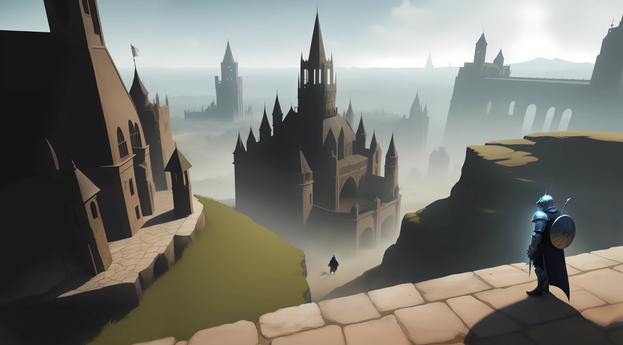 fantasia, medieval, um cavaleiro de armadura, com seu cavalo, empunhando uma espada, A small black spirit floating beside the knight, uma cidade medieval ao fundo, paisagens verdejantes, Estilo realista, melhor qualidade, super resolution, Black Desert Online