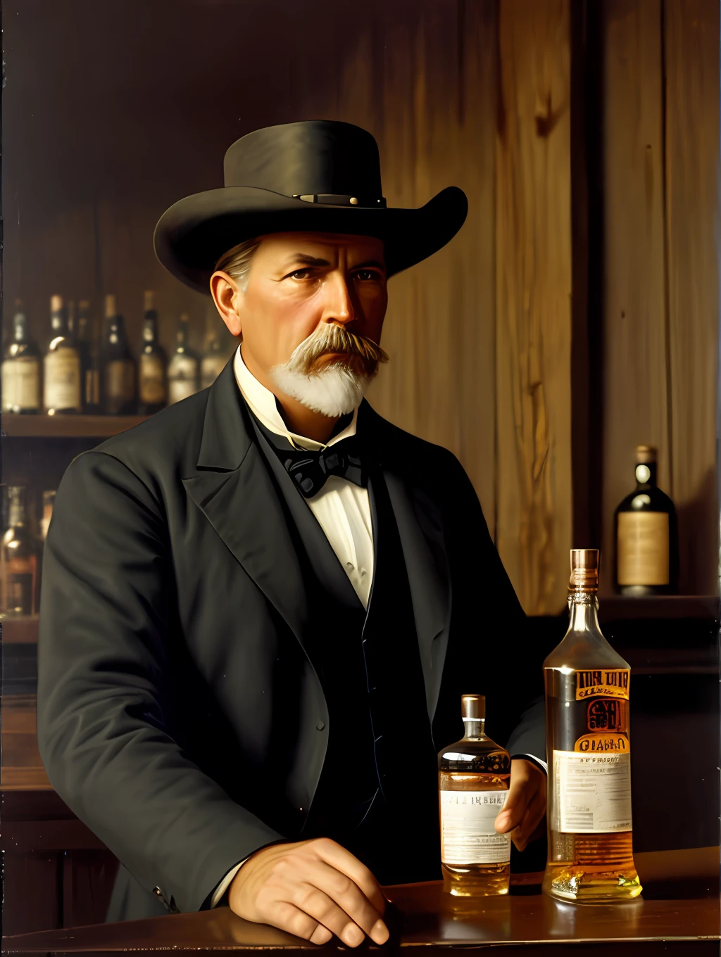 oil painting of an old west railroad worker having a shot of whisky in a saloon, rustic 19th century American Old West, contemplative expression, by Frank Tenney Johnson, by Frederic Remington, by HW Hansen, by Charles Marion Russell, by William Herbert Dunton, immersive composition, warm color palette