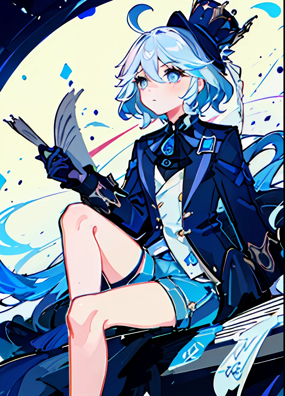 ((masterpiece,best quality)),(negative space:1.4),(1girl, solo:1.4),beautiful detailed eyes,floating light blue hair, blue hat, blue jacket, white shorts, sitting on the table in the court room, books and papers around, looking bored