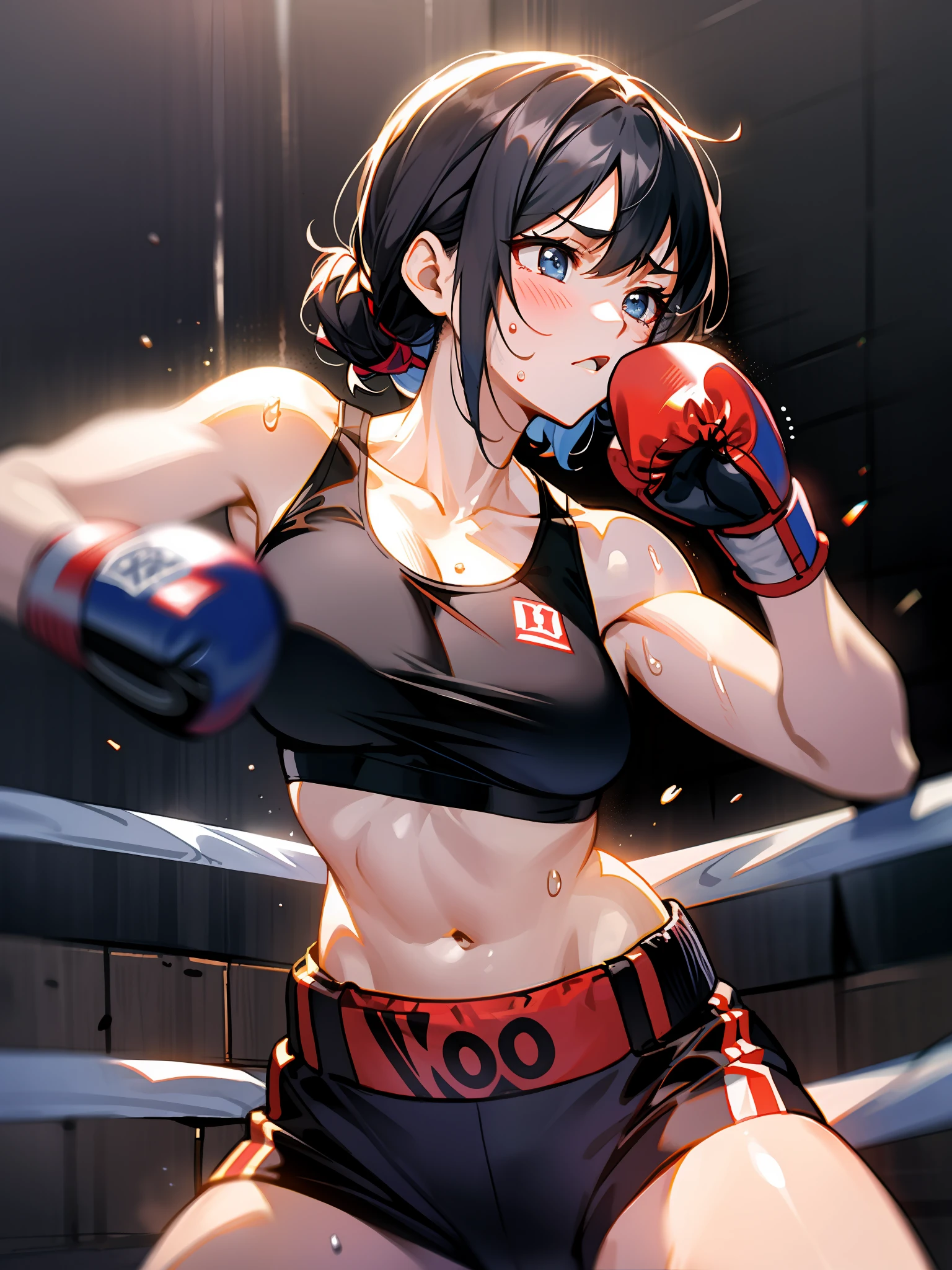Female boxer cornered by ropes in the ring、Get countless punches from your opponent female boxers。I try to somehow defend myself, But、The opponent's punches are heavy and sharp。The end of this women's boxing match was approaching。Two female boxers、Boxing gloves、Sportsbra、leggins、Sweat all over the body、Consciousness is hazy、On the verge of fainting、Defense、