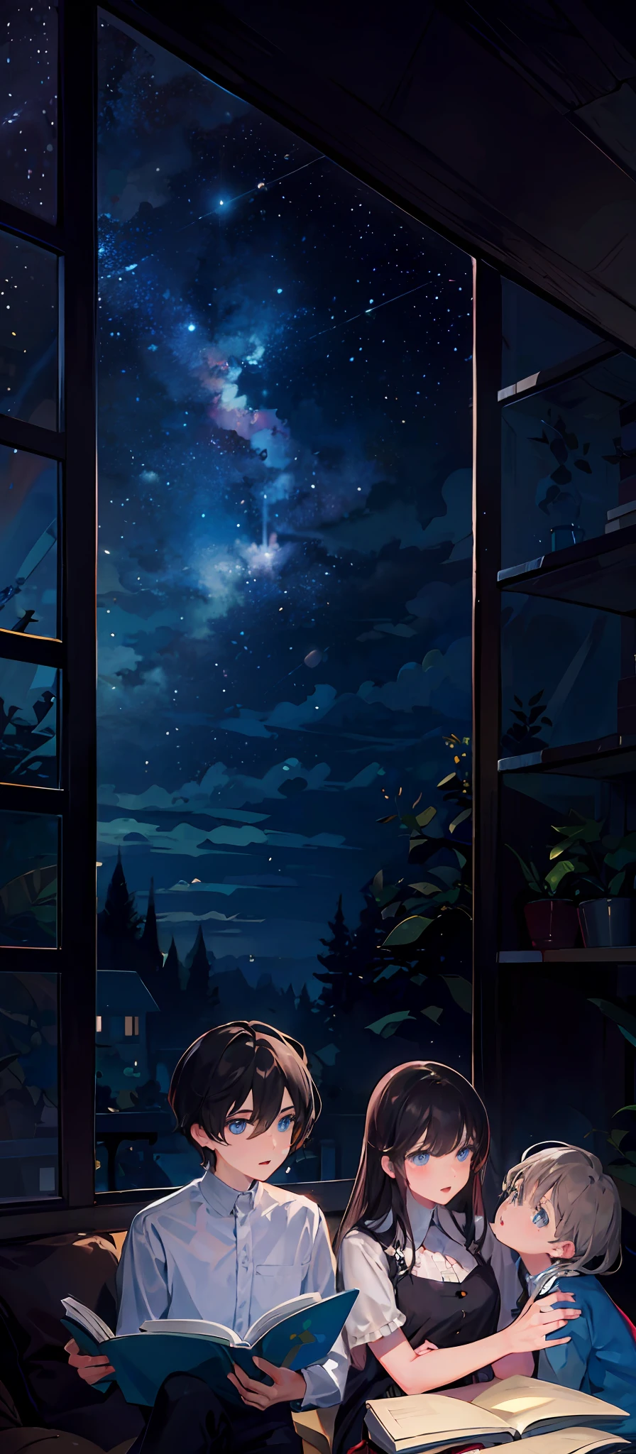 Draw a blue-eyed family reading a book at night in a starry sky