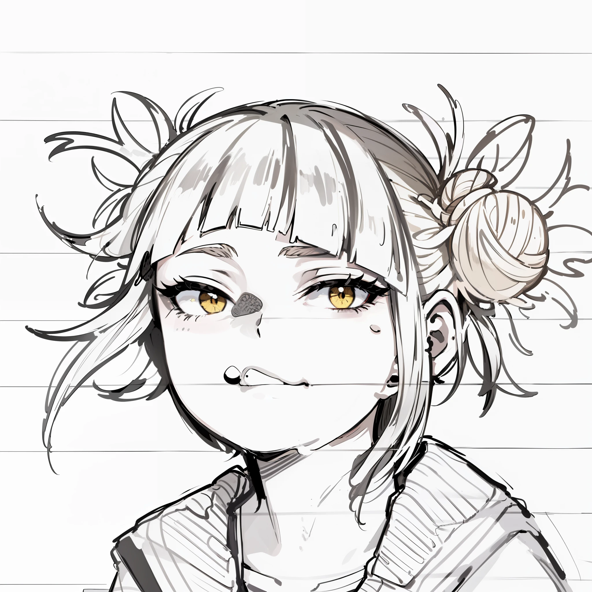 ((((Himiko toga)))), (((1girl))), ((toned)), female focus, masterpiece, high quality, (masterpiece:1.2), (best quality:1.2), shiny, realistic, ornate, intricate, shirtless, ((yellow hair)), (short hair), yellow eyes, bangs, hair between eyes, hair_stick, hot_girl, studant_clothes, ring, solo, hair_bun, hair_ornament, hair_pin, holding_fan, paper_fan, elegant, looking_at_viewer, holding_fan, red_eyeliner, FH , looking at the horizon, pupils constricted, (shadows cast over the face:1.3), shadow room, sexy expression, (upper body), escala cinza
