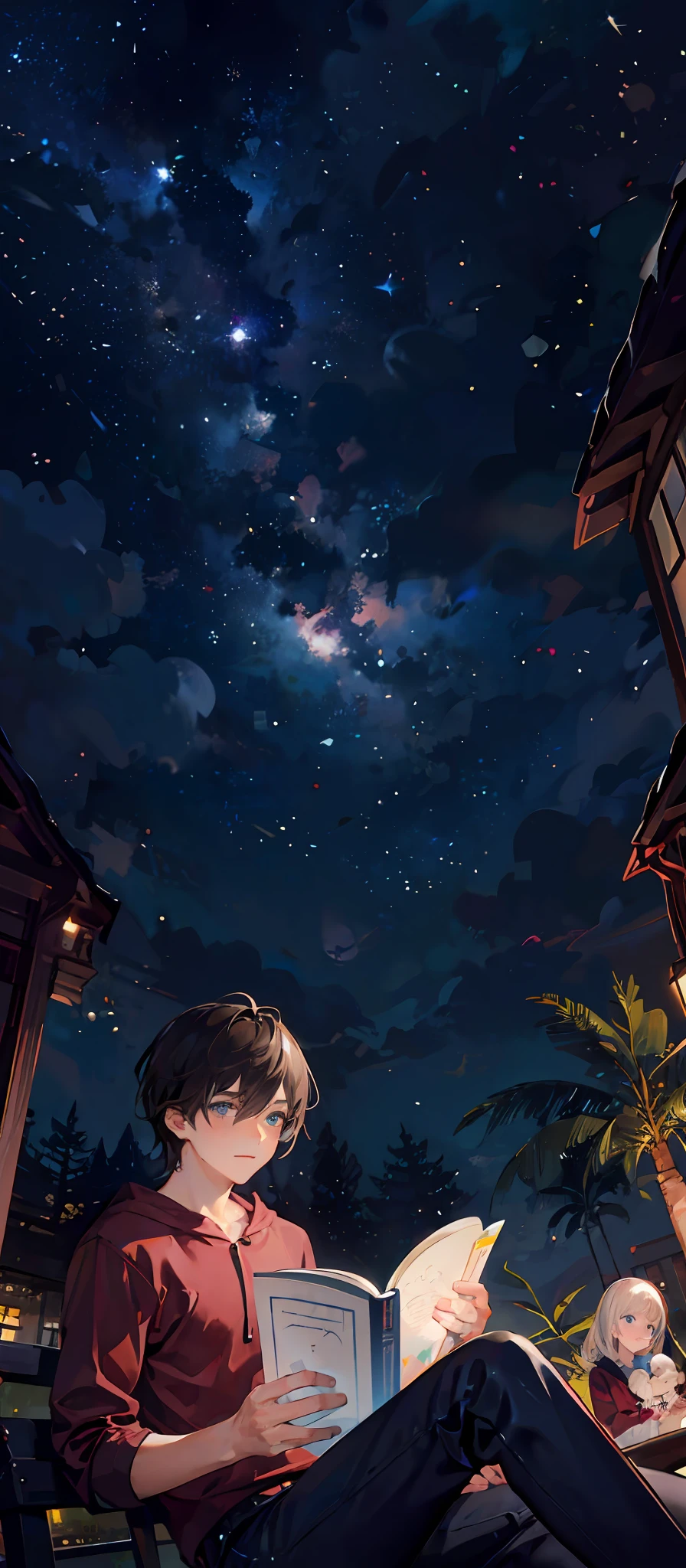 Draw a blue-eyed family reading a book at night in a starry sky