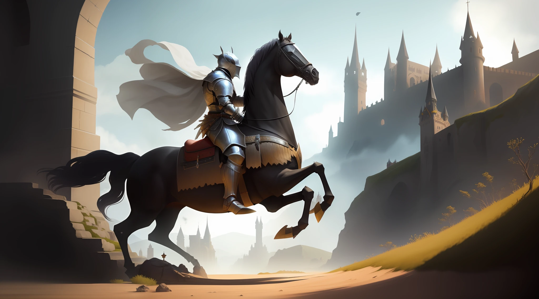 fantasia, medieval, um cavaleiro de armadura, com seu cavalo, empunhando uma espada, A small black spirit floating beside the knight, uma cidade medieval ao fundo, paisagens verdejantes, Estilo realista, melhor qualidade, super resolution, Black Desert Online