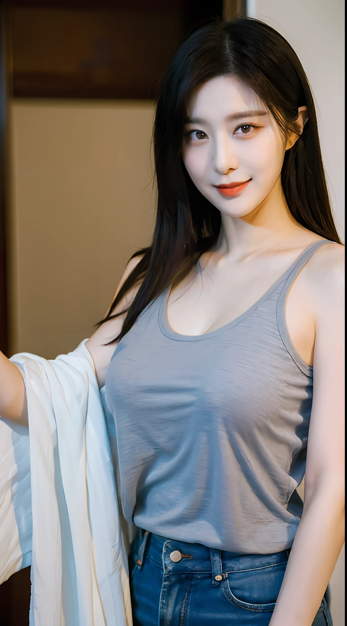 ((Best quality, 8k, Masterpiece :1.3)), 1girl, Beautiful woman with emphasis on plump abs:1.3,full bodyesbian, (long whitr hair, huge tit:1.2), oversized tank top:1.2, Super detailed face, A detailed eye, 二重まぶた,ssmile,Home,Random color clothes,Face away from the camera