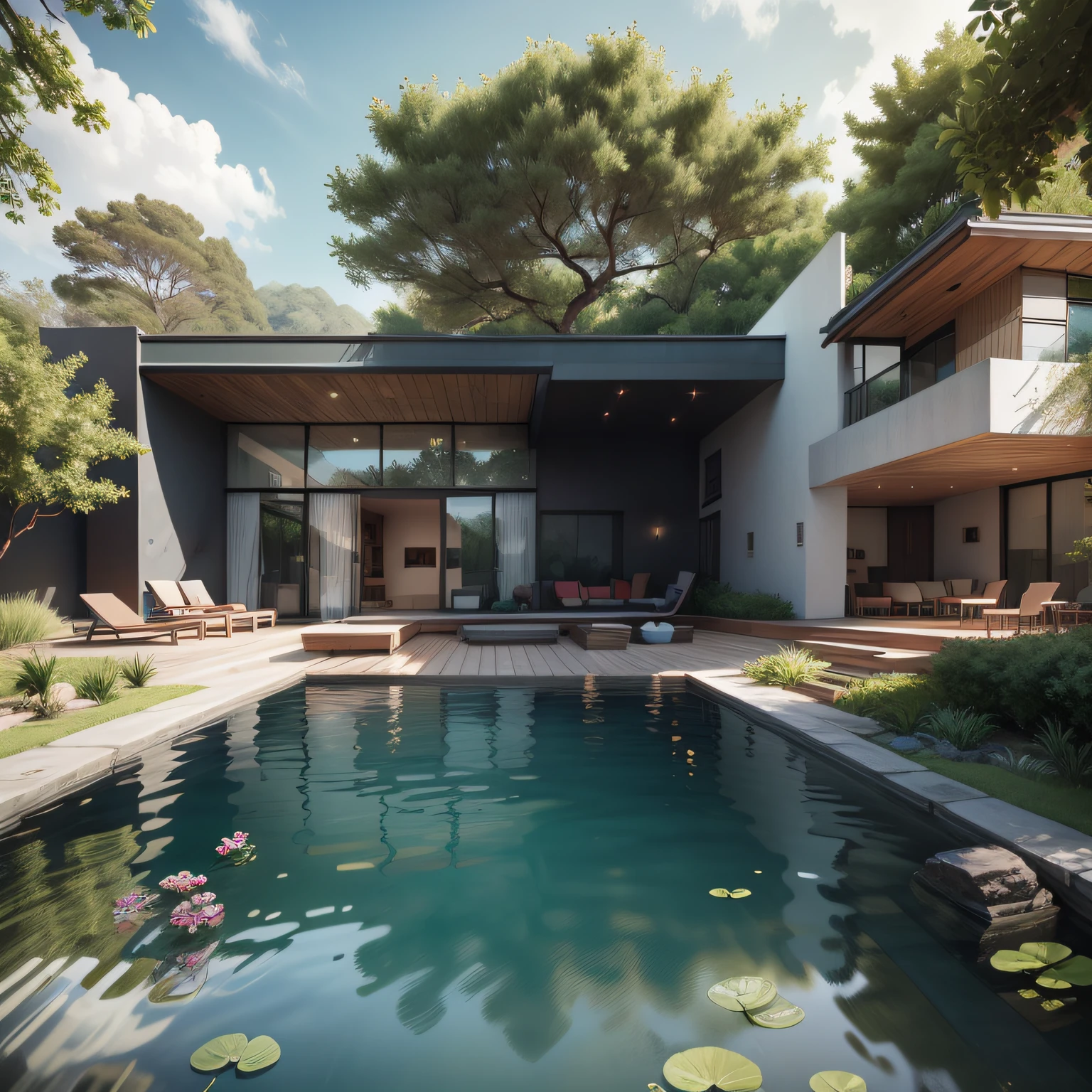 Organic modern architecture on a fairly large plot, There is a swimming pool in the middle of a large one-story house, cor da casa em vigas marrom chocolate e preto, large modern residence, telhados planos e jardim, render luxcore, render oktane, a photorealistic rendering, architectural render, mantra rendering, architectural render, realism rendering, architectural visualisation, piscina de bem-estar, architectural visualisation, grandes zonas verdes, com pequenas zonas de flores de lavanda, arbustos verdes tipo exuberante jardim verde, swimming pool embedded in an area of sand, oliveiras e pinheiros ao redor da casa,