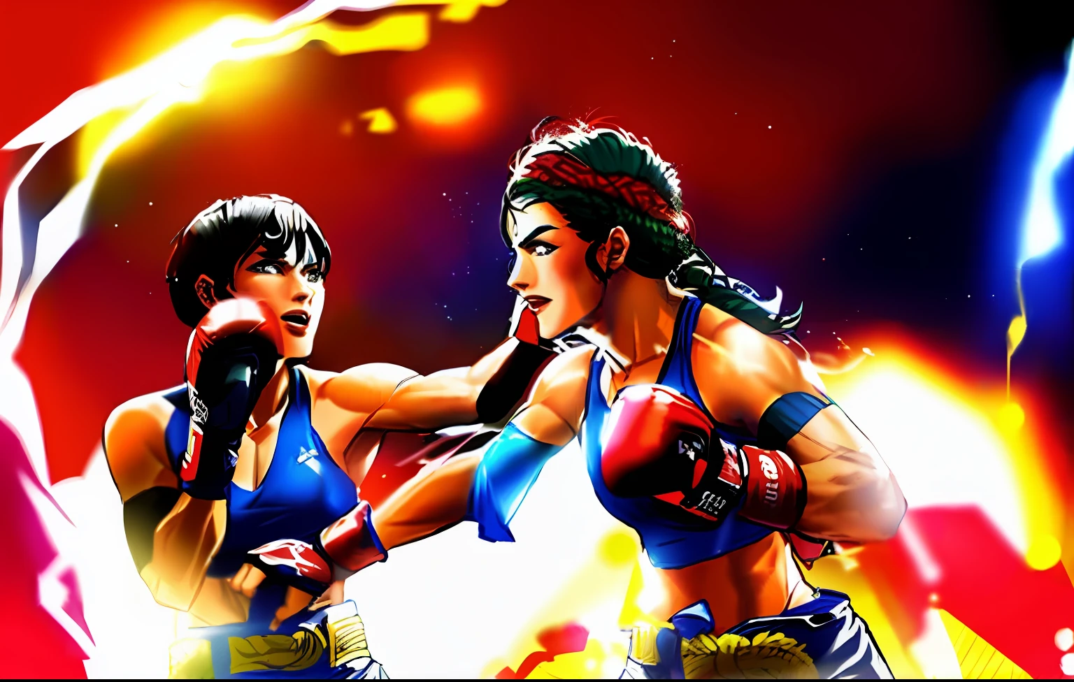 Two Muay Thai women fighters, marvel comic style, best quality, masterpiece, ultra detailed