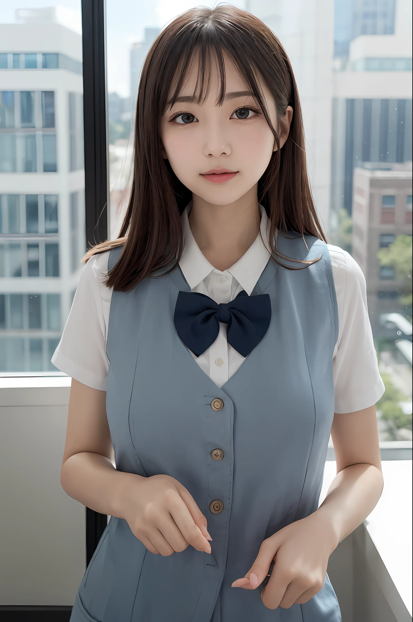 女の子1人、a matural female、vests、the bow、a picture、realisticlying、top-quality、adopt、A detailed face、s Office、Building from the window、细致背景、Diffused sunlight、depth of fields、Bokeh、ahe face