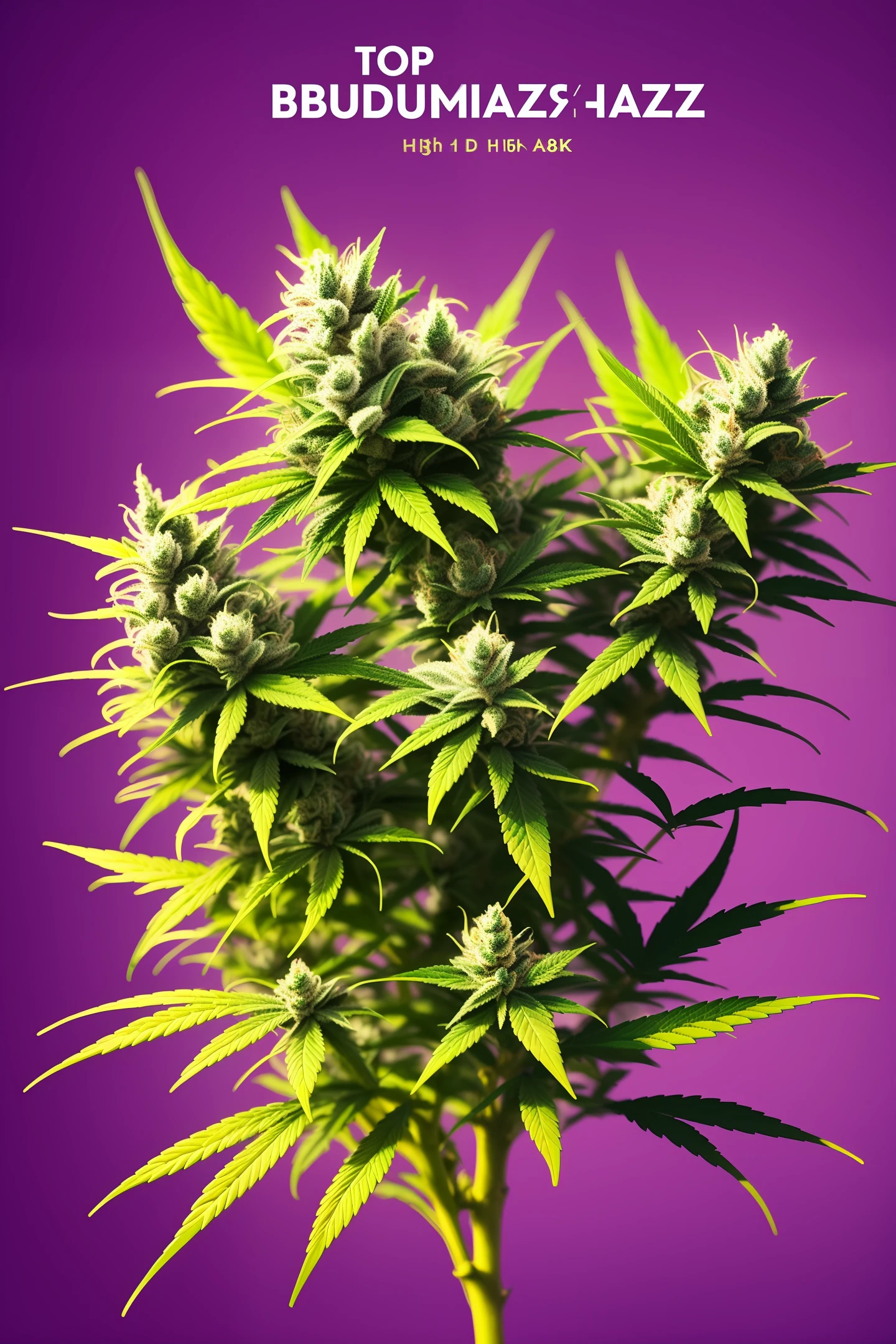 Purple haze marijuana bud in high definition 8k with banner ribbons around it very real with air of total perfection marijuana and smoke by top