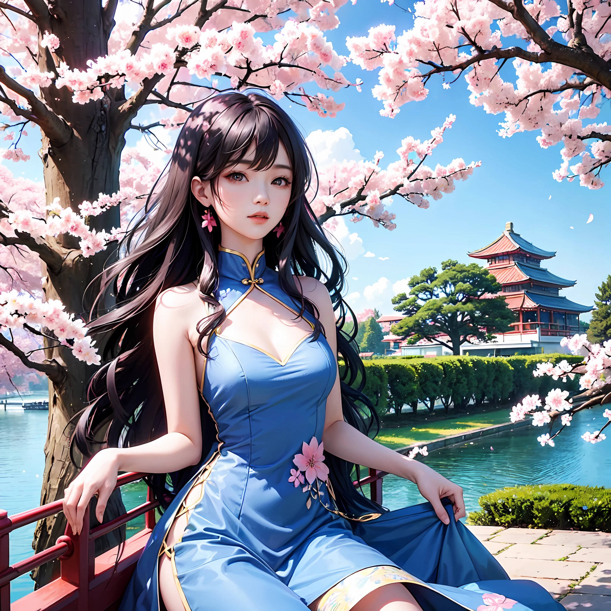 young chinese woman wearing sunglasses in a modern blue dress standing next to a tree with pink flowers, long wavy hair, tall and slim, cherry tree in the background, under sakura tree, sakura season, with flowers, sakura tree in background