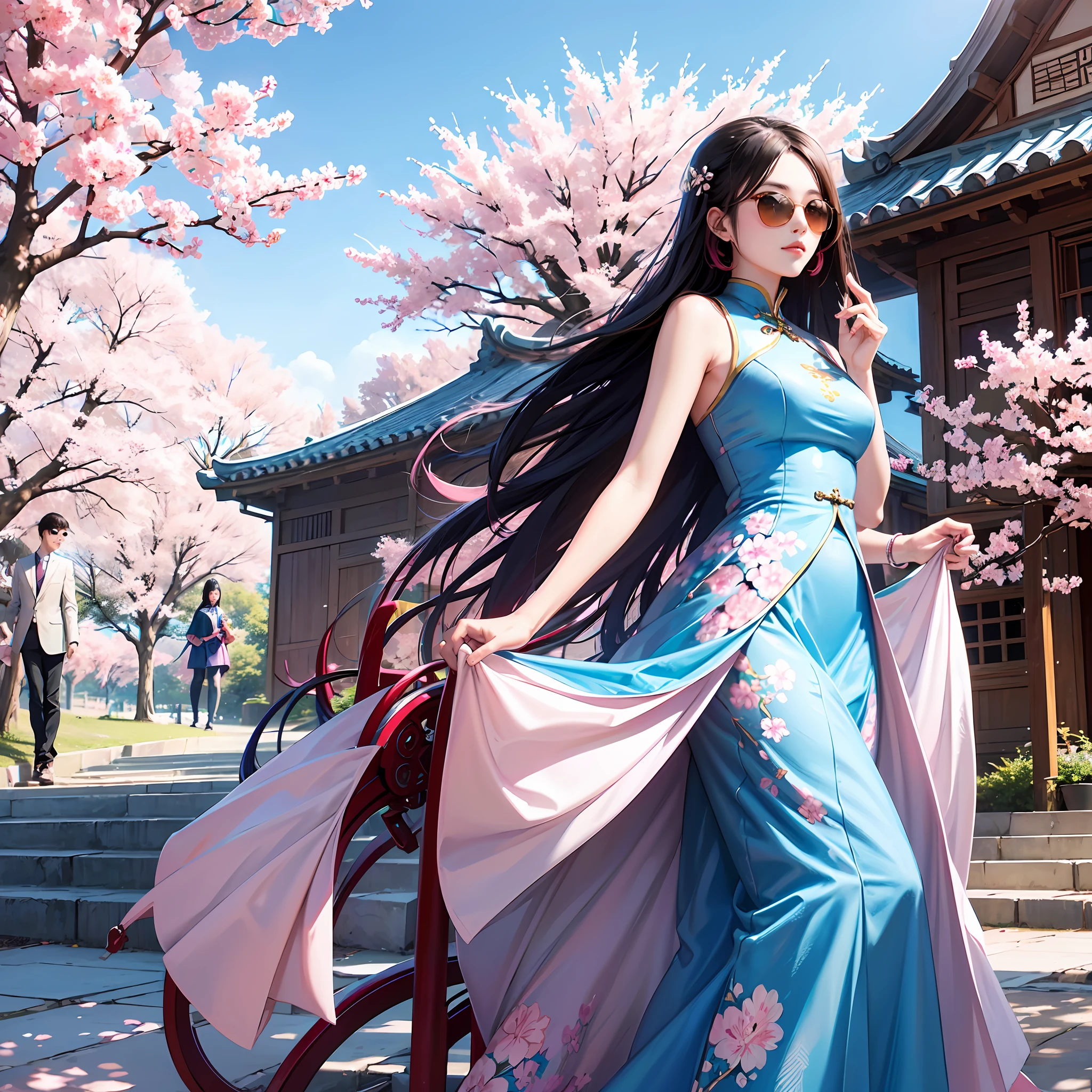 young chinese woman wearing sunglasses in a modern blue dress standing next to a tree with pink flowers, long wavy hair, tall and slim, cherry tree in the background, under sakura tree, sakura season, with flowers, sakura tree in background