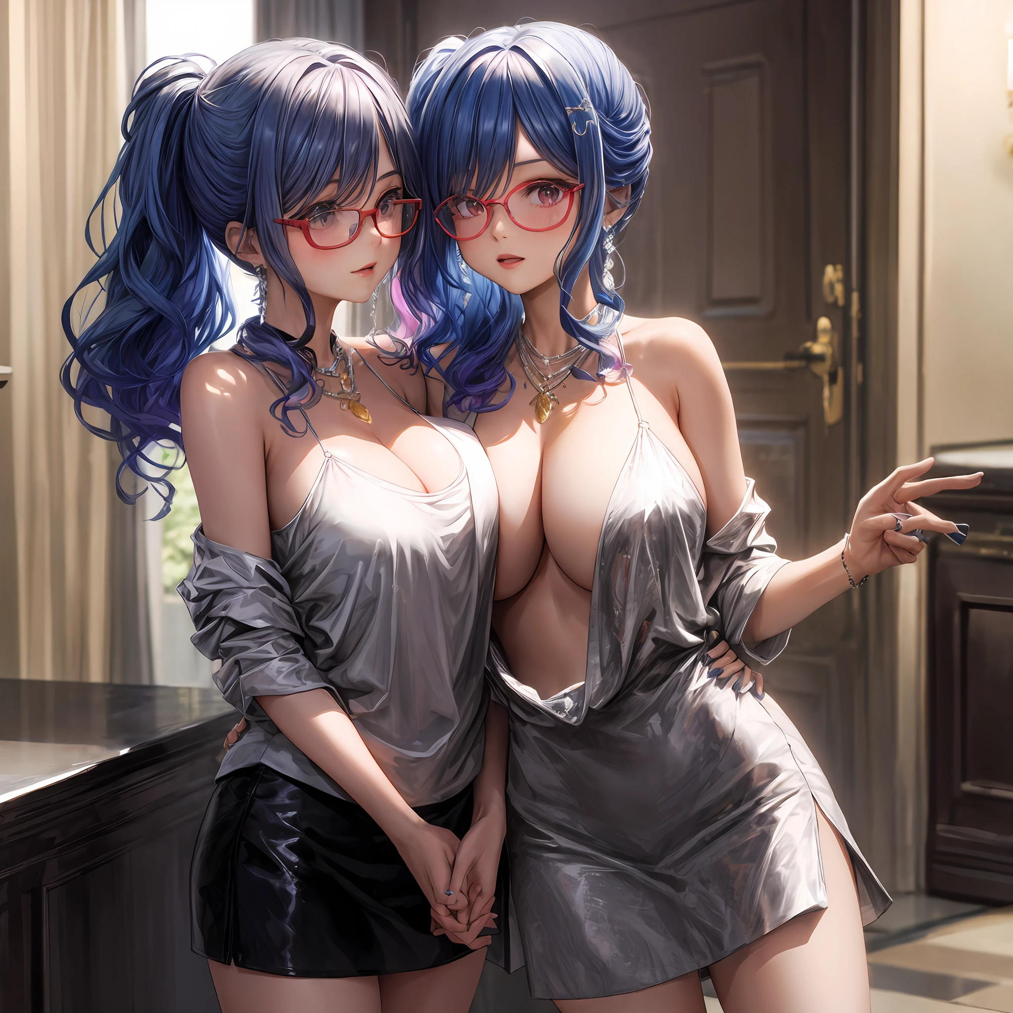 best qualtiy, 超高分辨率, (realisticlying:1.4), 1girll, Off-shoulder white shirt, Black tight skirt, a black choker, (Faded gray-gray hair:1), (:1.2), looking at viewert, closeup cleavage ,huge tit,blush,Wearing pink glasses,