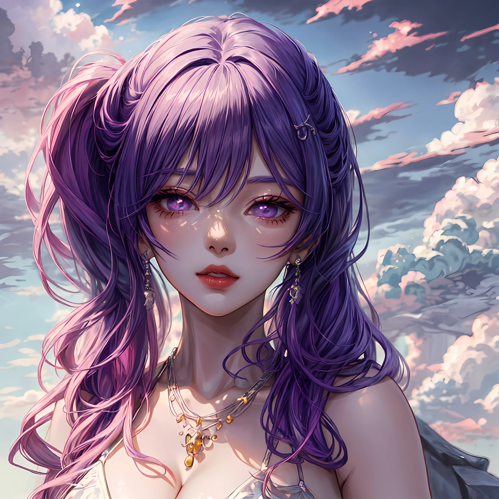 Anime girl with purple hair and purple eyes posing in front of cloudy sky, Detailed digital anime art, seductive anime girls, beautiful and seductive anime woman, Extremely detailed Artgerm, Anime goddess, Portrait Chevaliers du Zodiaque Fille, Art germ. anime illustration, Detailed anime artwork, detailed anime art, 8K high quality detailed art,huge tit