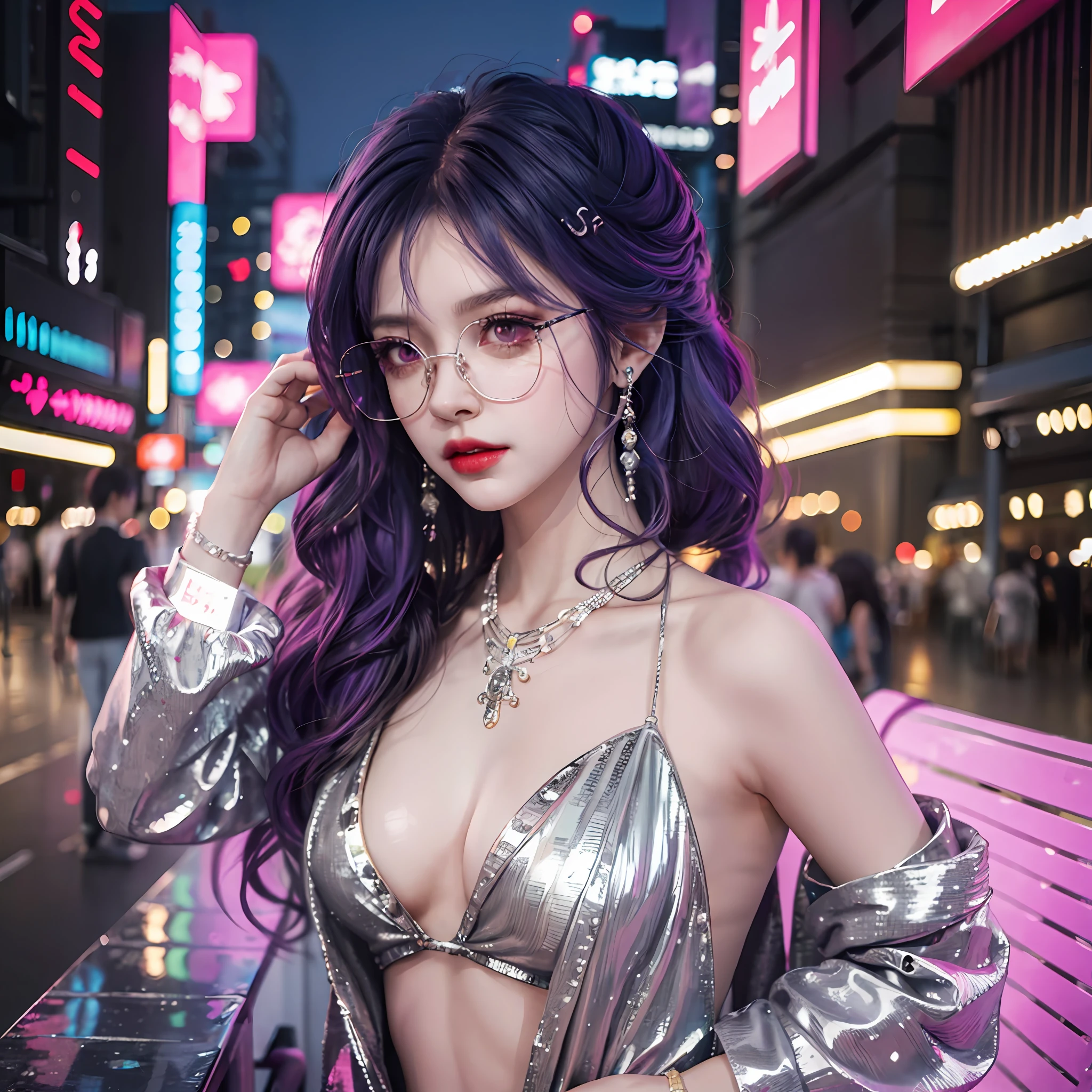 Woman with purple hair and glasses posing on bench, an oppai cyberpunk, at cyberpunk city, seductive anime girls, Guviz-style artwork, female cyberpunk anime girl, cyberpunk anime girl, digitl cyberpunk - anime art, Anime girl cosplay, trending on cgstation, hyper realistic anime, Anime girl in real life, Ross Tran 8 K