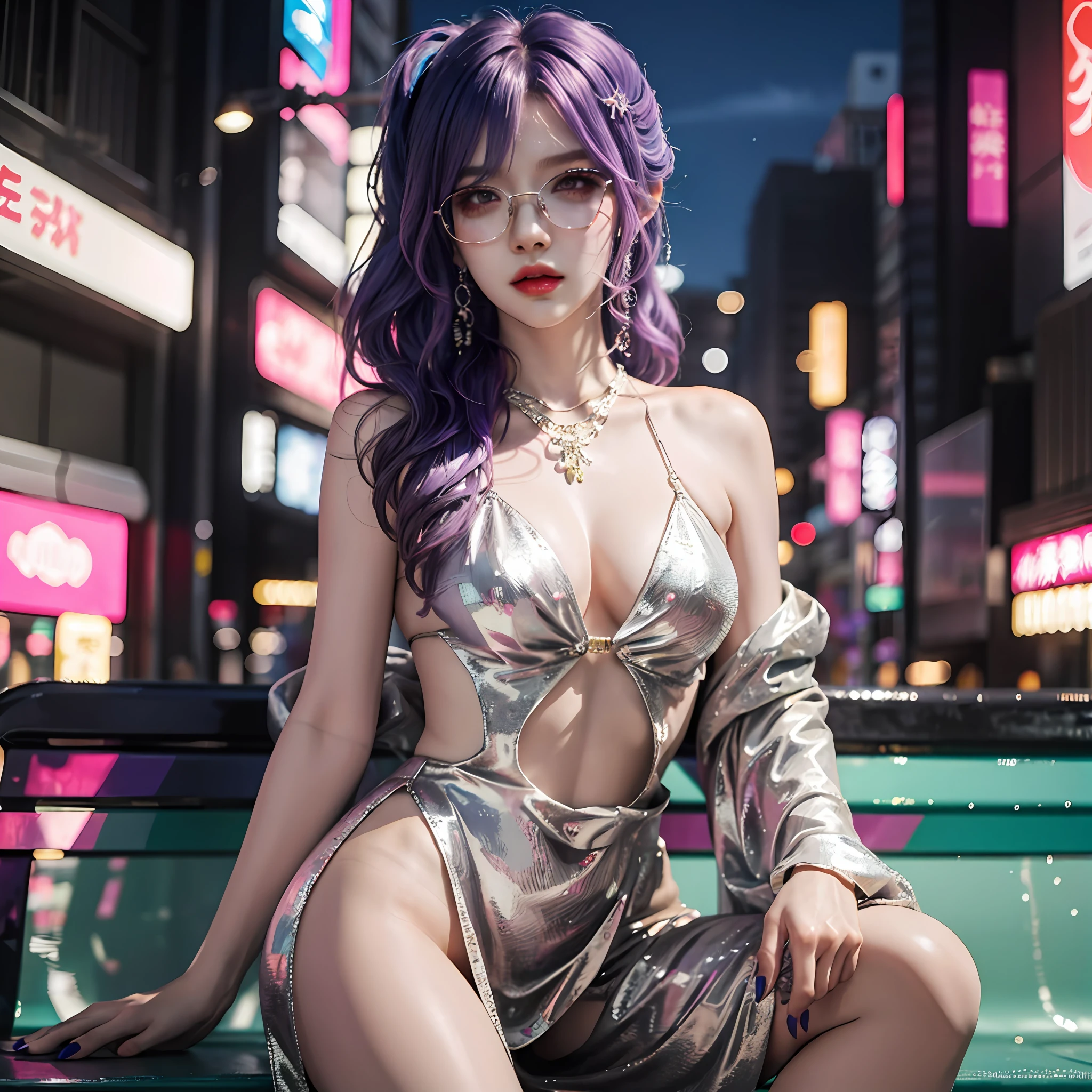 Woman with purple hair and glasses posing on bench, an oppai cyberpunk, at cyberpunk city, seductive anime girls, Guviz-style artwork, female cyberpunk anime girl, cyberpunk anime girl, digitl cyberpunk - anime art, Anime girl cosplay, trending on cgstation, hyper realistic anime, Anime girl in real life, Ross Tran 8 K