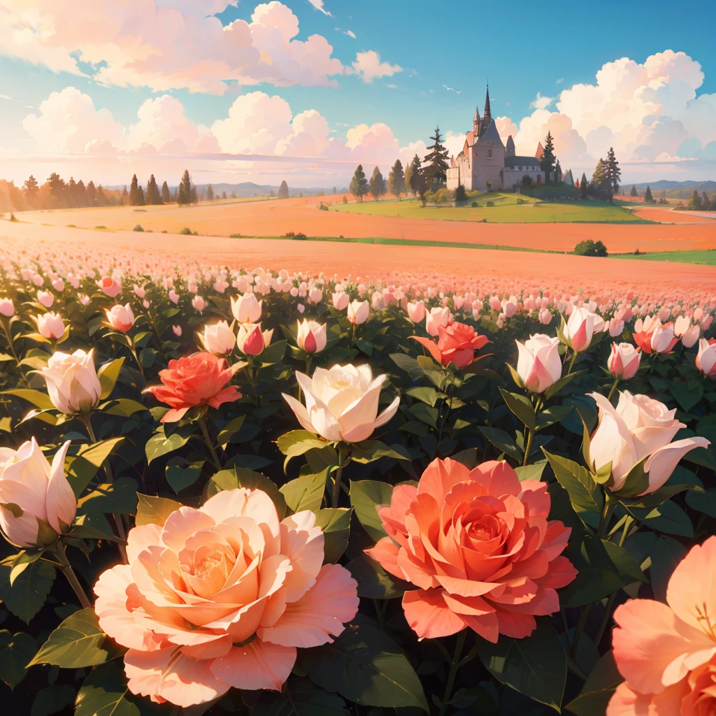 Um soldado medieval, em um campo de rosas vermelhas, pequenas montanhas ao longe, sky clear