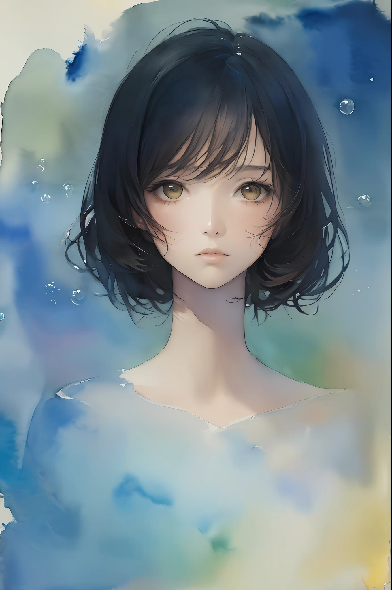 (masterpiece:1.1, highres:1.4) , 1 girl, watercolor style, (soft blending:1.2) , fluid colors, dreamy washes, delicate textures, organic shapes, atmospheric depth, bubble, limited color,