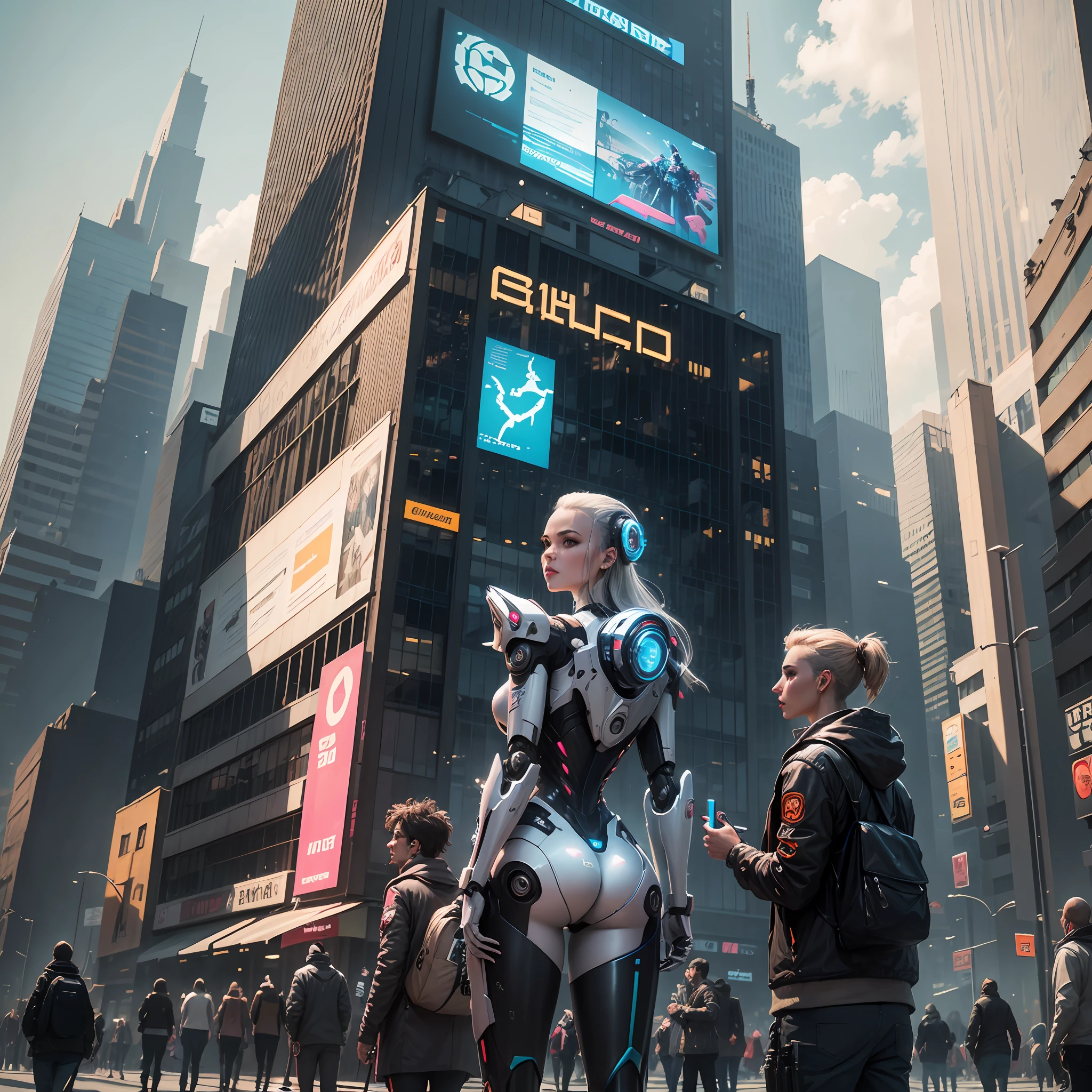 Cyberpunk-style connected architecture，The pedestrians on the street are a combination of man and machine，There was a beautiful female robot looking back，Lively atmosphere --auto --s2