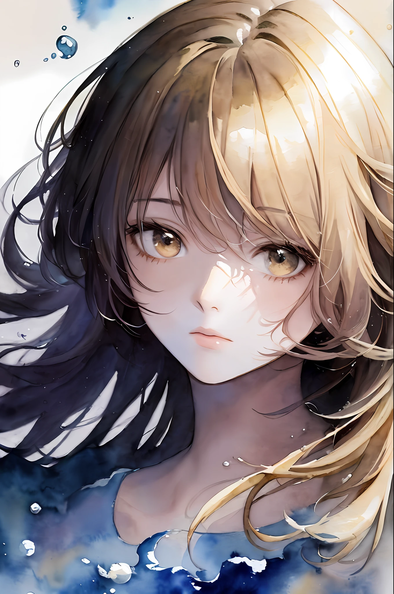 (masterpiece:1.1, highres:1.4) , 1 girl, watercolor style, (soft blending:1.2) , fluid colors, dreamy washes, delicate textures, organic shapes, atmospheric depth, bubble, limited color,