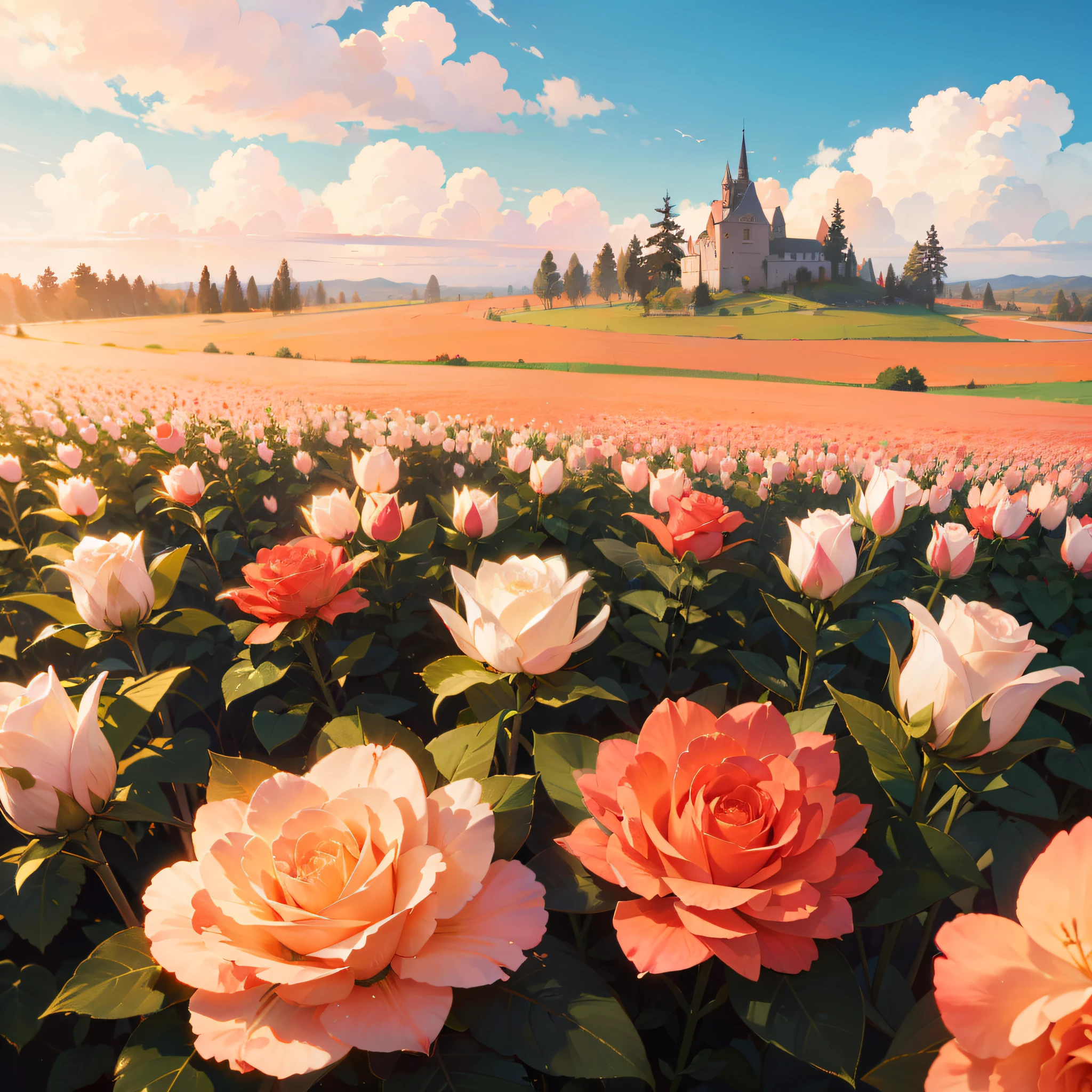 Um soldado medieval, em um campo de rosas vermelhas, pequenas montanhas ao longe, sky clear
