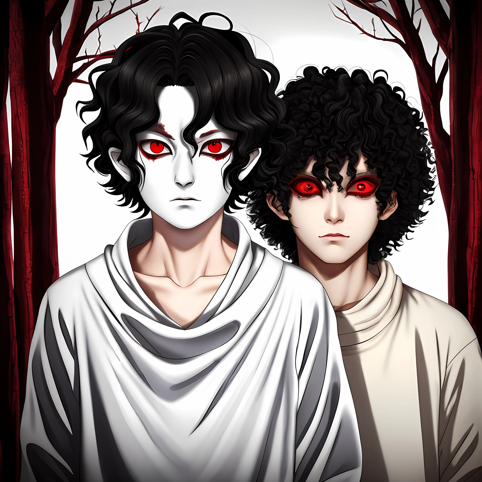 man, pretty boy, twink, curly black hair, ivory skin, onryo, 1man, guro, creepy, horror, red eyes, 4k quality, oversized sweater, anime eyes