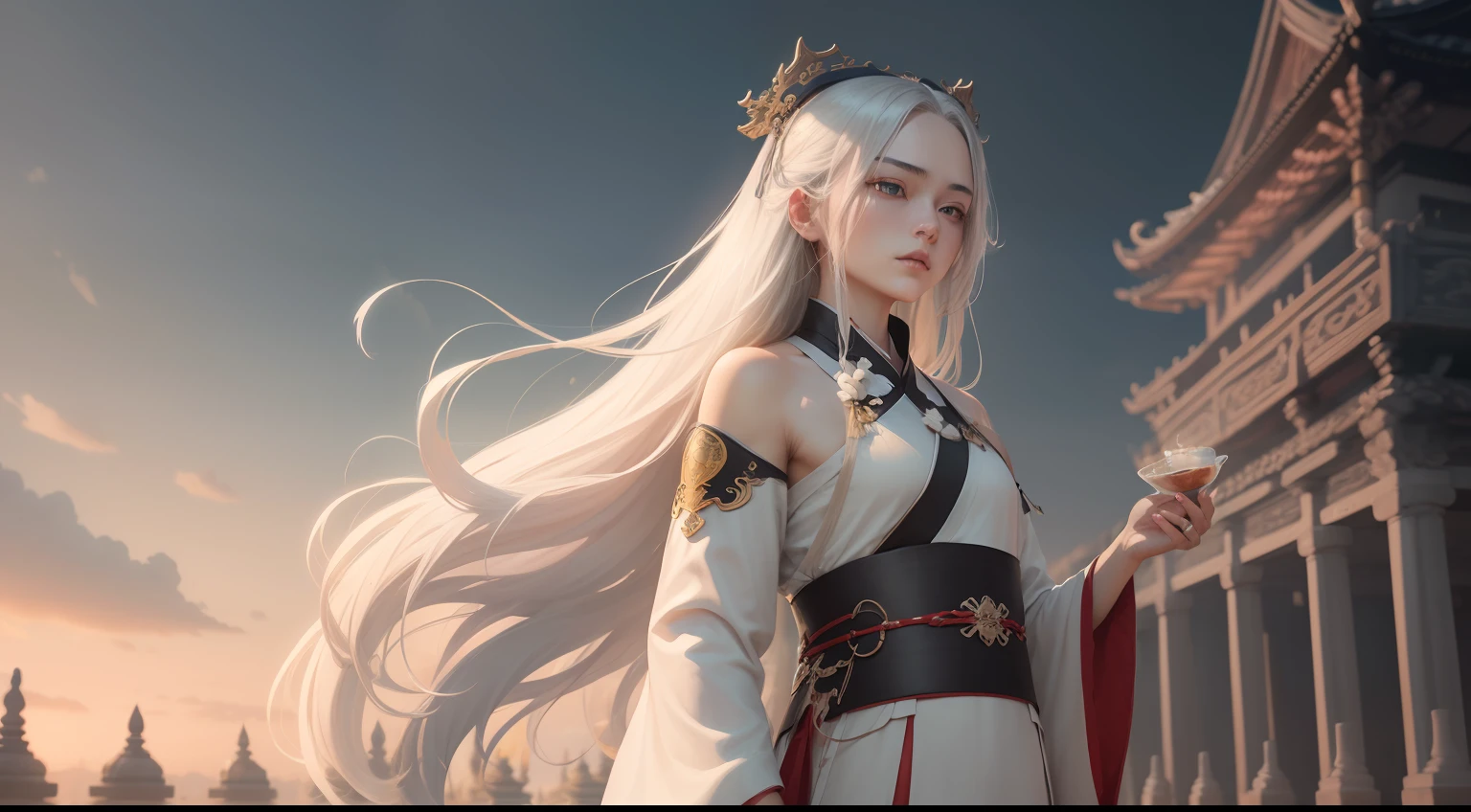 （8K，RAW photos：1.2），best qualtiy，超高分辨率，Dramatic angles，（（（1 male））），（long whitr hair），Behind the man there is an ancient palace,(((Hanfu))),(focal point), Masterpiece, Best quality, beautiful painted, highly details,(Denoising:0.6),[Splash ink],((ink refraction)),(Beautiful detailed sky),themoon,highly,A detailed,(tmasterpiece,best qualtiy,Extremely detailed CG Unity 8K wallpaper,tmasterpiece,best qualtiy,ultra-detailliert),