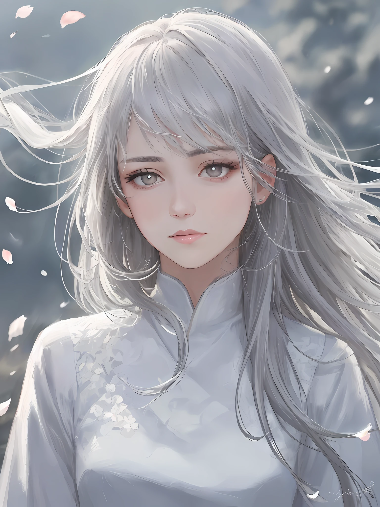 🎨model: Kigetsu - Anime / Hentai Checkpoint
🌸Prompts: (Masterpiece, high resolution, Realistic portrait:1.3), An anime woman with an ethereal presence, Depict a serene sister image, (long layered silvery white hair:1.2), Poured down her back, (Light pink lips:1.1), Gentle and calm, Bangs elegantly outline her face, (Gray pupils:1.4), Exudes a sense of intelligence, Stand in the cold wind, (Realistic portrayal:1.1), Delicate petals dance in the air, (Flower background:1.2), Add a touch of beauty and vulnerability, (Calm and rational expression:1.1), Portraying her calm nature, (Delicate and serene face:1.2), Capture her serenity, The middle shot focuses on her delicate facial features, (Hair that is slightly blown by the wind:1.1), (Background music:1.2), Evokes feelings of calm and introspection.