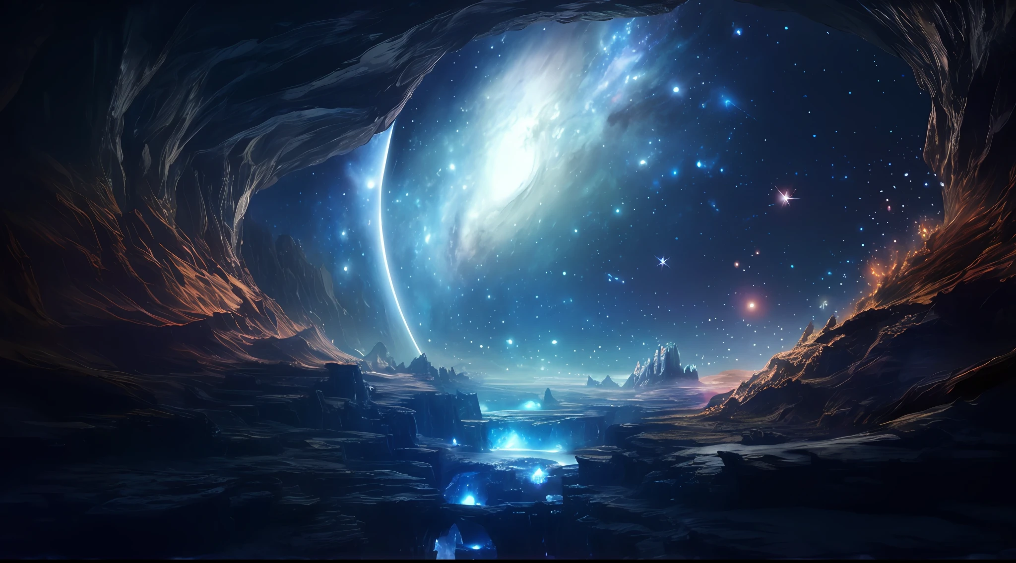 Arafed view of a galaxy with a bright blue light, mythical gigantic space cavern, epic dreamlike fantasy landscape, beautiful alien landscape, epic beautiful space scifi, Portal to outer space, fantasy space, stunning alien landscape, Space landscape, alien planet covered in water, ambiente espacial sideral, a view of alien landscape, bela cena da caverna da fantasia, surreal space, galactic landscape