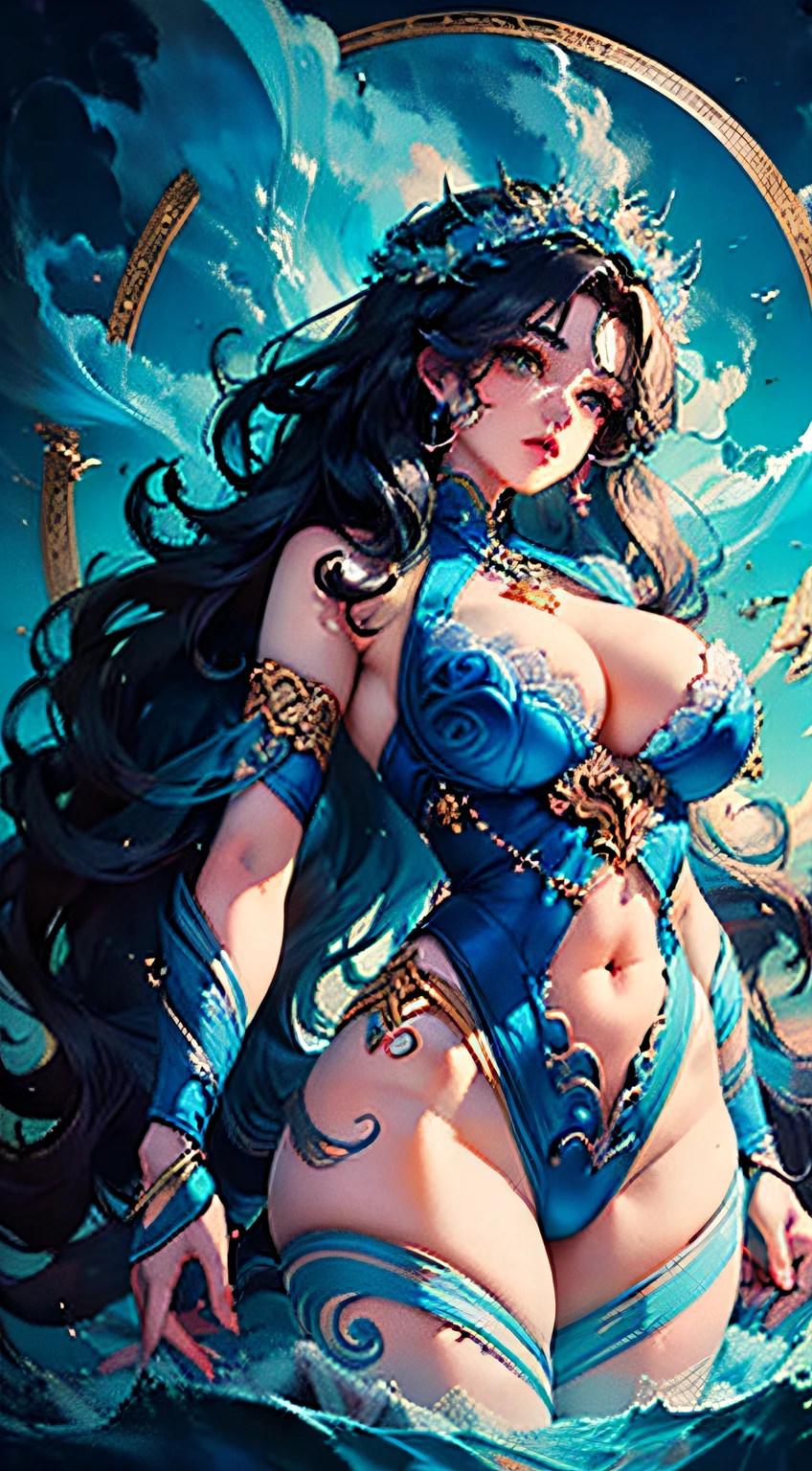 (Masterpiece, top quality, best quality), (((Beautiful anime style girl,))), 20 years old, oversize model, ((((Super huge breasts))), (((Blue wavy hair))), Extreme detail, Colorful, Glowism, Poseidon theme, Art concept art by Kahngriffith and Vadim Kashin, ethereal, standing, perfect, pure form, golden ratio, by Brian Froud, Carne Griffiths, Wadim Kashin and John William Waterhouse,