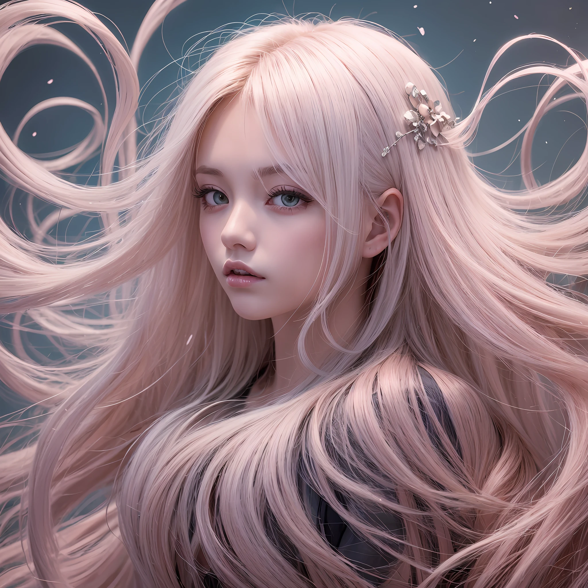 Pale white hair Light pink skin, Anime girl with long hair fluttering in the wind, glowing flowing hair, Beautiful digital art beautiful, flowing glowing hair, beautiful digital art, stunning digital illustration, beautiful digital art, beautiful digital art, beautiful digital painting, Beautiful illustrated figures, Very beautiful digital art, epic digital art illustration, Digital painting nice, stunning digital painting, Beautiful flowing hair, stunning digital art, Surrealists, Special attention to detail