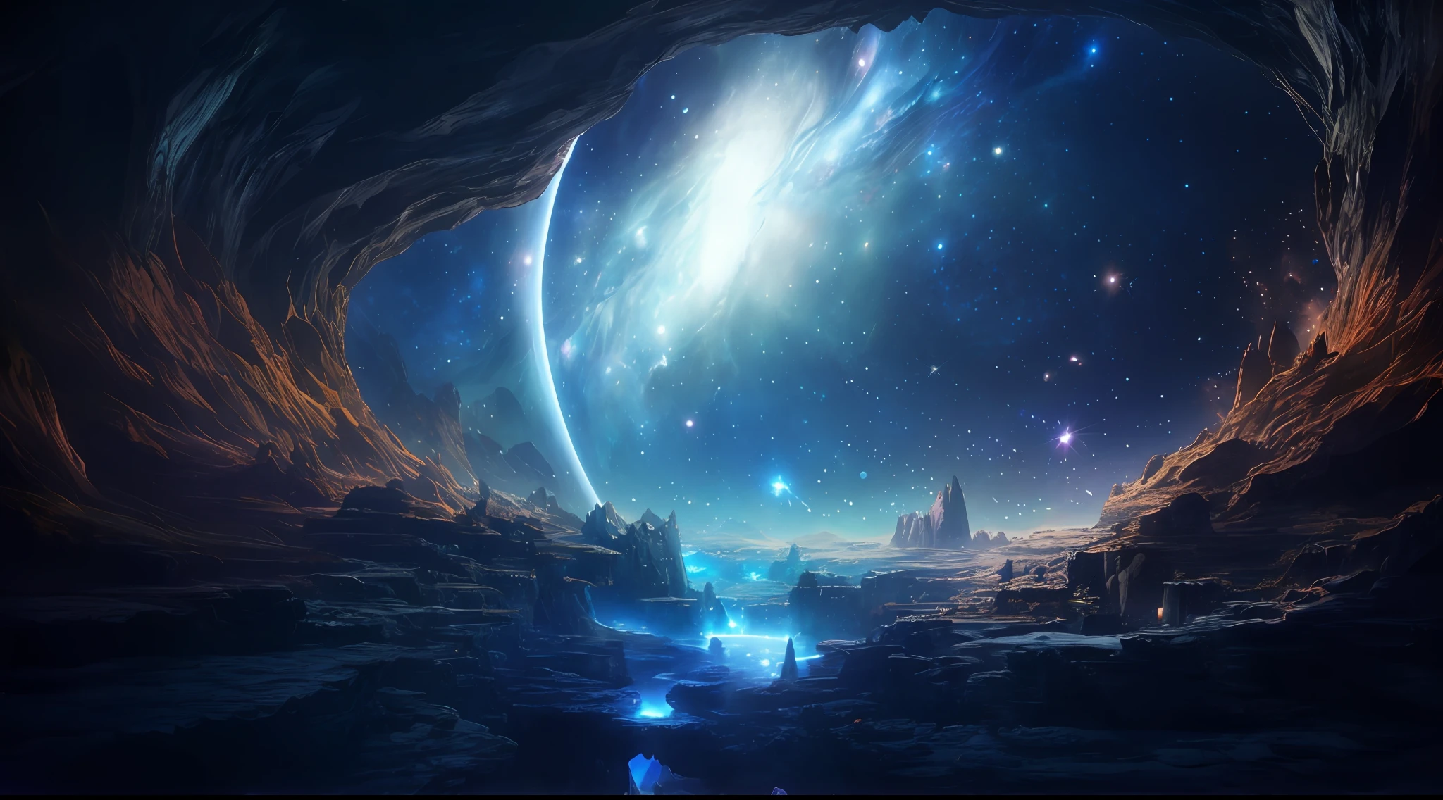 Arafed view of a galaxy with a bright blue light, mythical gigantic space cavern, epic dreamlike fantasy landscape, beautiful alien landscape, epic beautiful space scifi, Portal to outer space, fantasy space, stunning alien landscape, Space landscape, alien planet covered in water, ambiente espacial sideral, a view of alien landscape, bela cena da caverna da fantasia, surreal space, galactic landscape