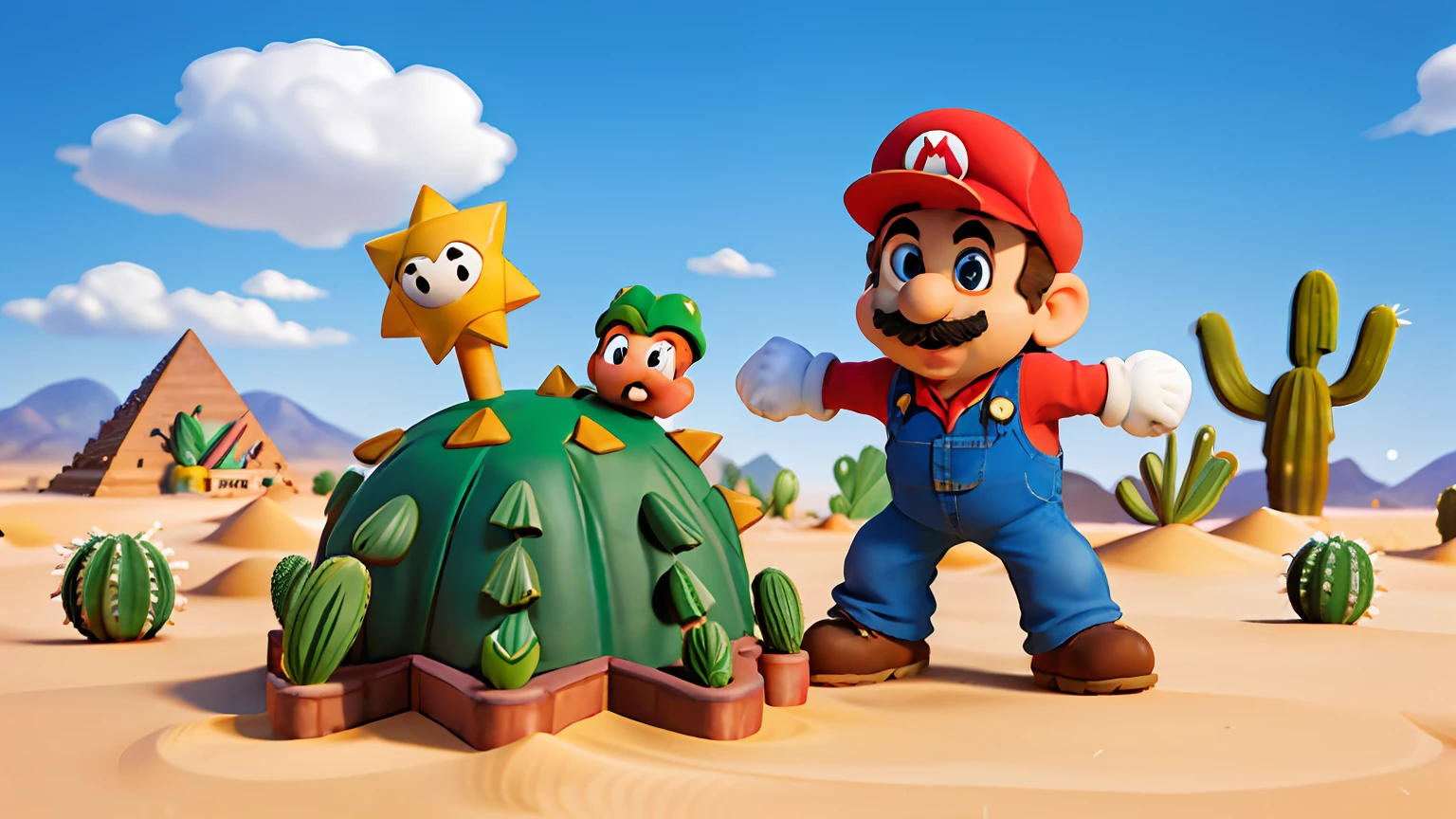 masterpiece, high quality best quality, Mario, desert, sand, cactus, sunny desert, pyramid, solo, open space, platform game stance