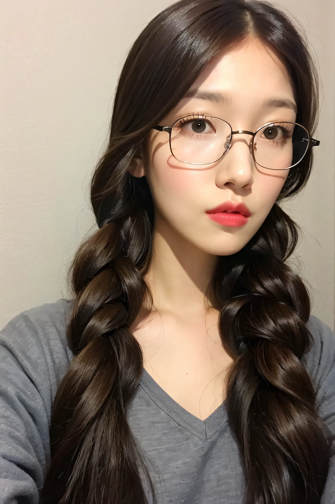 1girl,braid,glasses,headband,solo,twin braids,black hair,brown eyes,brown hair,long hair,looking at viewer,lips