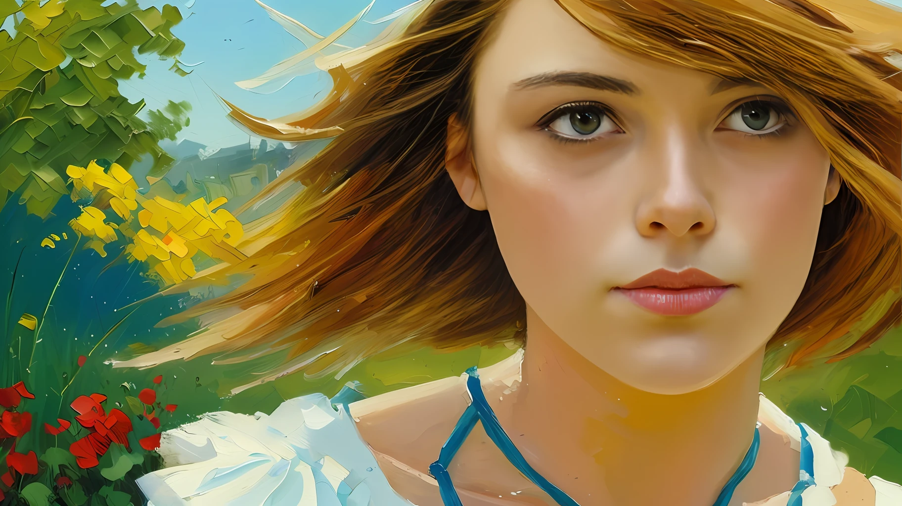 oil painting of 1 woman , closeup shot, dress, wind blown hair, long hair, garden
impressionism ,
by John Berkey