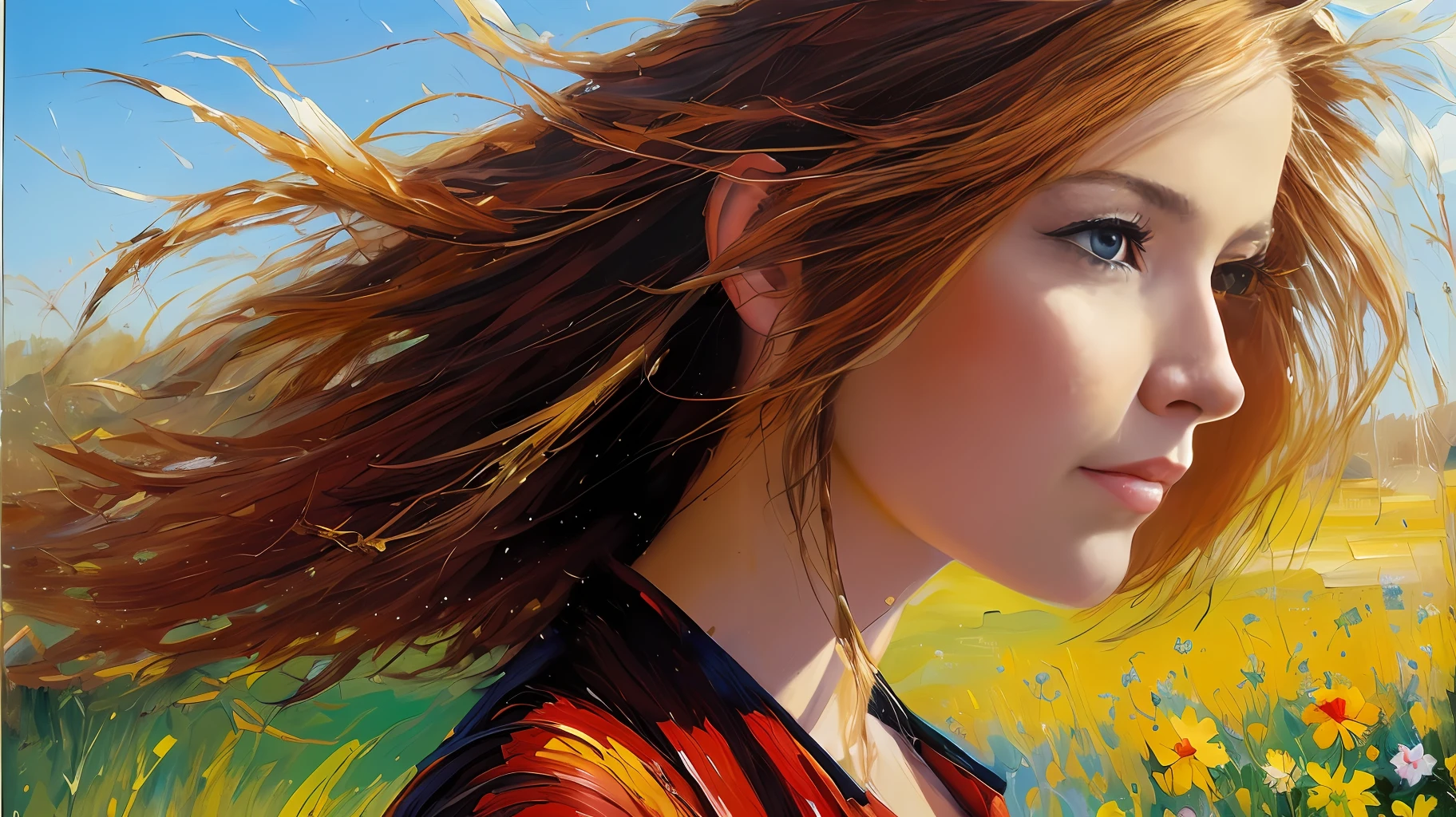 oil painting of 1 woman , closeup shot, dress, wind blown hair, long hair, garden
impressionism ,
by John Berkey