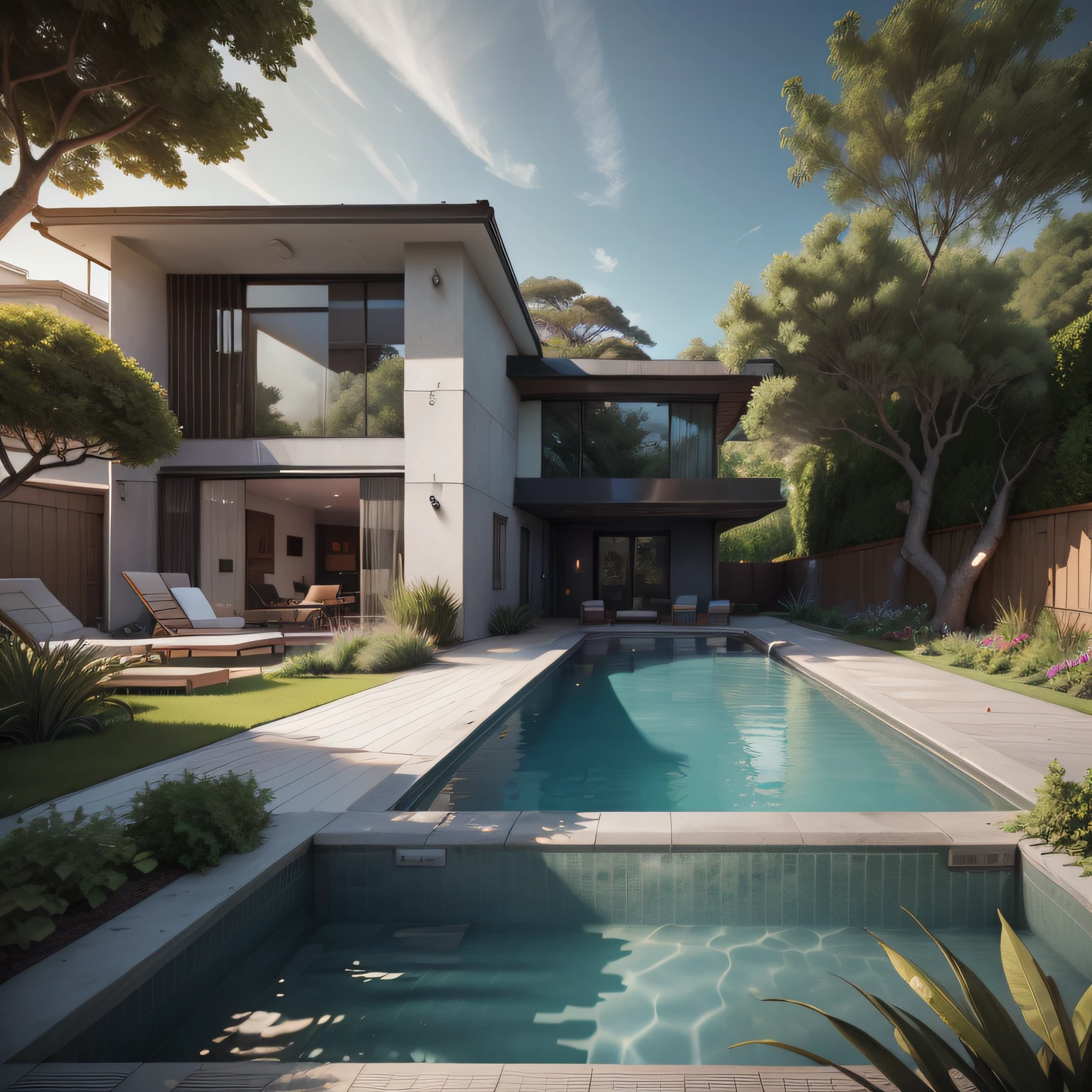 Organic modern architecture on a fairly large plot, There is a swimming pool in the middle of a large one-story house, cor da casa em vigas marrom chocolate e preto, large modern residence, telhados planos e jardim, render luxcore, render oktane, a photorealistic rendering, architectural render, mantra rendering, architectural render, realism rendering, architectural visualisation, piscina de bem-estar, architectural visualisation, grandes zonas verdes, com pequenas zonas de flores de lavanda, arbustos verdes tipo exuberante jardim verde, swimming pool embedded in an area of sand, oliveiras e pinheiros ao redor da casa,