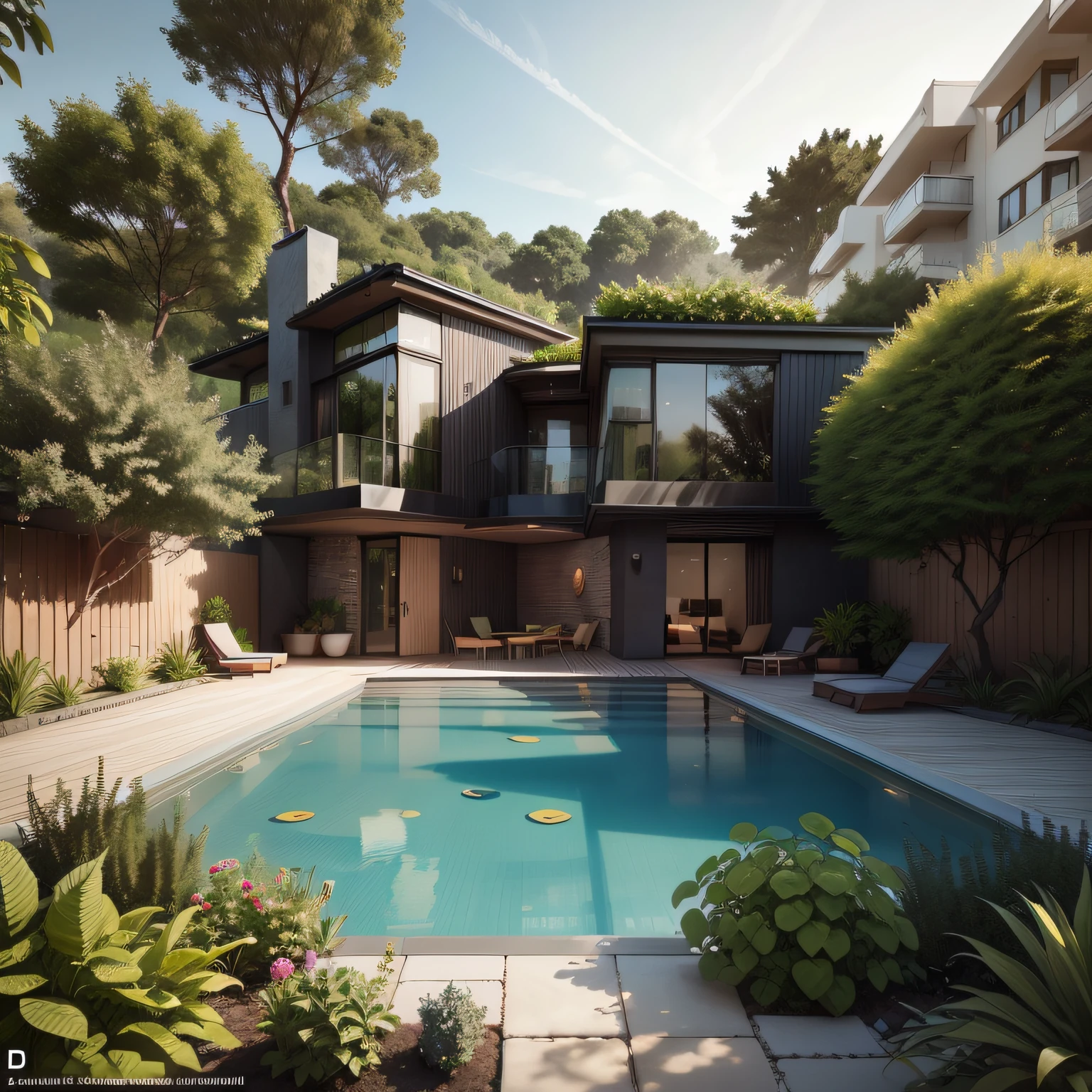 Organic modern architecture on a fairly large plot, There is a swimming pool in the middle of a large one-story house, cor da casa em vigas marrom chocolate e preto, large modern residence, telhados planos e jardim, render luxcore, render oktane, a photorealistic rendering, architectural render, mantra rendering, architectural render, realism rendering, architectural visualisation, piscina de bem-estar, architectural visualisation, grandes zonas verdes, com pequenas zonas de flores de lavanda, arbustos verdes tipo exuberante jardim verde, swimming pool embedded in an area of sand, oliveiras e pinheiros ao redor da casa,