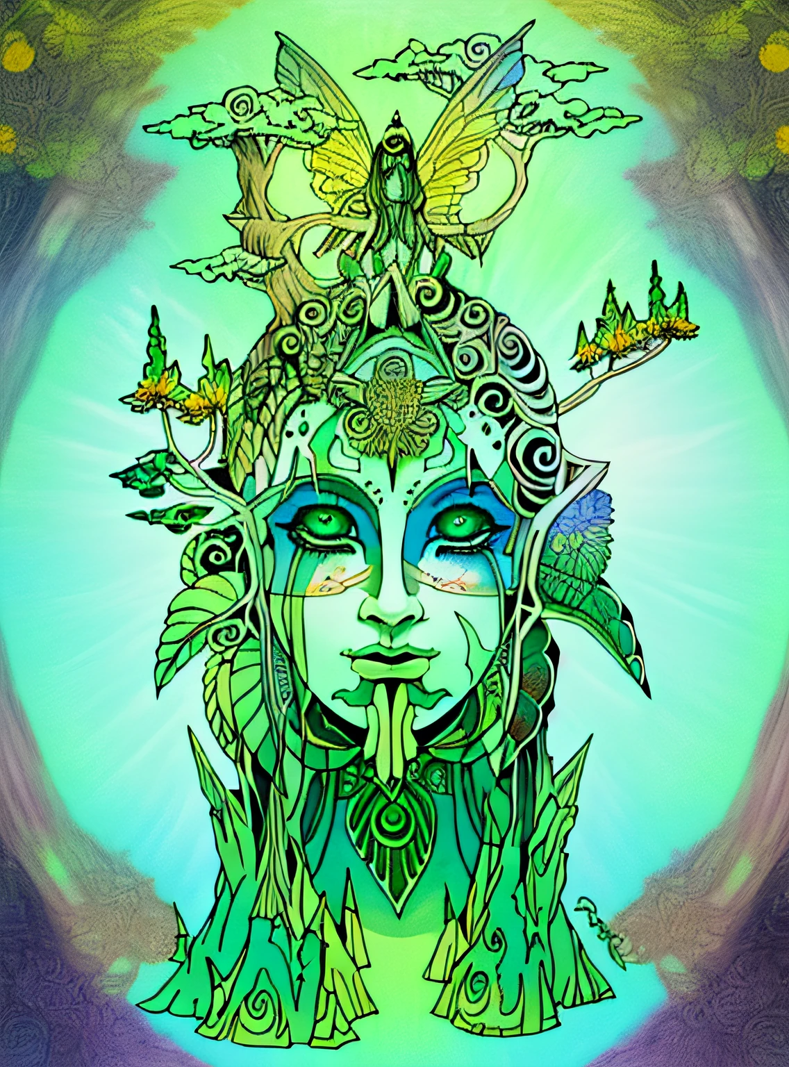 Desenhos para colorir, mulher detalhada, linha estilizada, silent decay coloring, Arte de linha intensa, uma mulher de olhos fechados, with butterfly wings on top of the head, com cocar com detalhes em espiral do lado direito, com folhas verdes do lado esquerdo, with tree branches around his face and in the type of headdress, The canopy of trees is shaped like clouds, tears flow from her eyes, Its base is composed of tree trunks with tips of green crystals, psychedelic organic shaman, psychedelic shaman, deusa. Detalhes extremamente altos, mystic illustration, shamanic poster lsd art, terceiro olho , 3rd eye, Deusa DMT, psychedelic illustration, psychedelic organic cyborg, dmt ego da morte, arte psytrance, elaborate ink illustration, psychedelic goddess, altamente detalhada, tinta extremamente fina lineart, art nouveau.