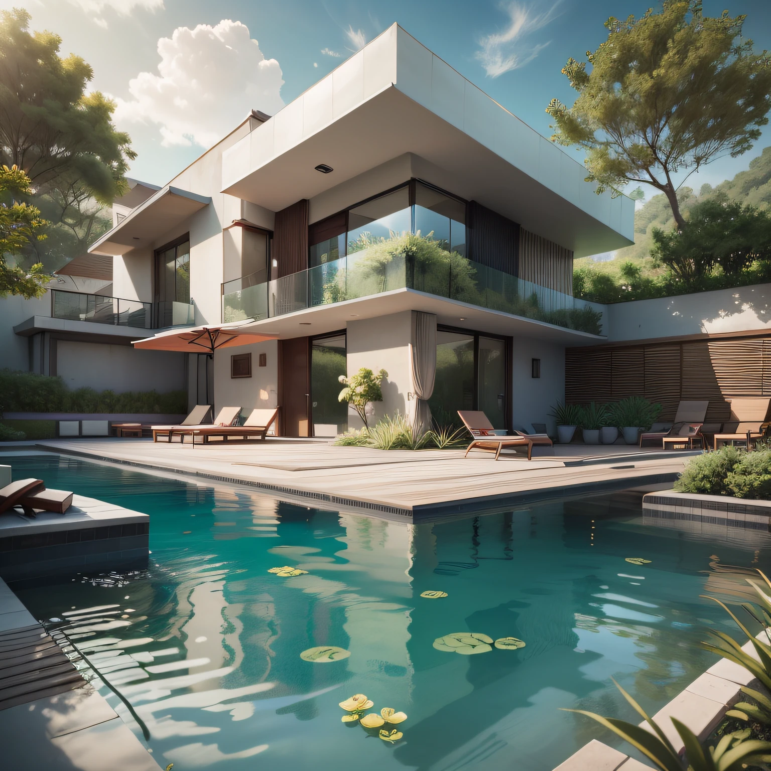 Organic modern architecture on a fairly large plot, There is a swimming pool in the middle of a large one-story house, cor da casa em vigas marrom chocolate e preto, large modern residence, telhados planos e jardim, render luxcore, render oktane, a photorealistic rendering, architectural render, mantra rendering, architectural render, realism rendering, architectural visualisation, piscina de bem-estar, architectural visualisation,  grandes zonas verdes, com pequenas zonas de flores de lavanda, arbustos verdes tipo exuberante jardim verde, swimming pool embedded in an area of sand, oliveiras e pinheiros ao redor da casa,