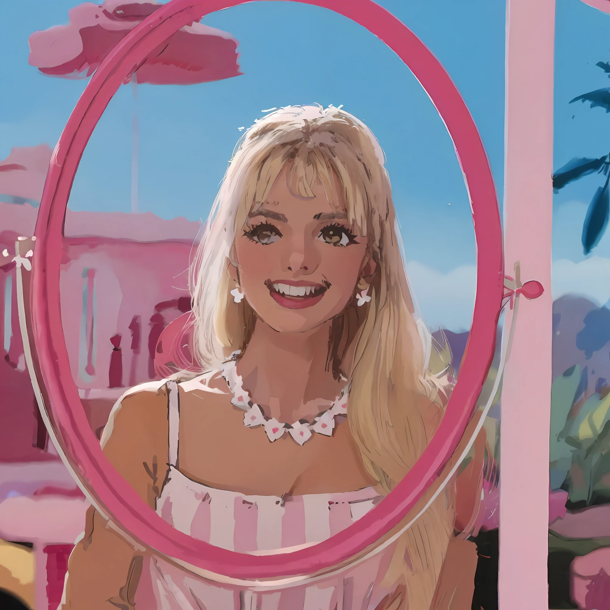 Mulher loira no vestido rosa sorrindo em frente ao espelho rosa, Barbie, foto comercial do brinquedo, inspirado por Peter Alexander Hay, um alambique de um feliz, Margot Robbie como uma fada, 🎀 🧟 🍓 🧚, videoclipe, claudia schiffer, papoula, 🎀 🗡 🍓 🧚, No estilo de Petra Collins, Margot Robbie, FilmeAinda