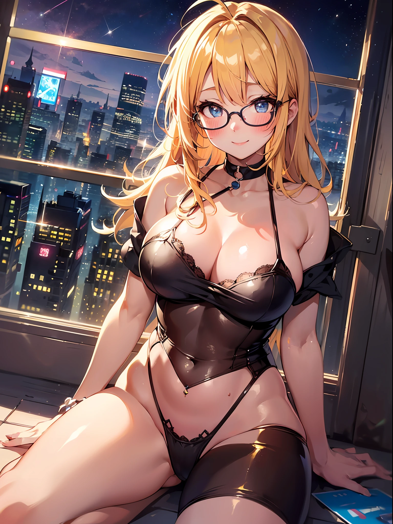 ((masterpiece)), ((Best Quality)), (Ultra-detailed), ((kawaii)), (Cute), (lovely), ((Sexy)), (Ero), (golden ratio), ((Extremely detailed)), 4K, (8K), Best Quality, (Beautiful), Illustration, Anime style, Painting, (Dynamic Angle), Cowboy Shot, (from wildcard:1.4), heavy outline, clear outlines, Gradation, (full body focus), (night city), Cute ,1girl in, Solo, camisole, yellow hair, Beautiful random colored eyes, ((Beautiful eyes)), Slightly wheat-colored skin, random hair style, Buttocks, (gigantic and massive tits), glasses, (smile), (blush:1.5), sparkling effect, Lens Flare, shiny-glistening, gleaming