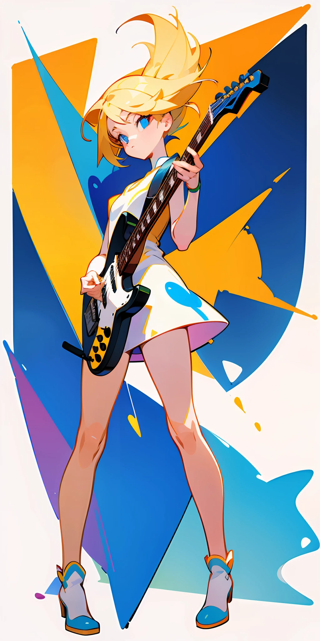 Immaculate white background, 4 examples blonde hair girl playing electric guitar, 5 color palette, without clothing, vector art, sticker, Pantone colors, 2D style, Adobe Illustrator, Disney cartoon style, watercolor effect, digital painting, two-dimensional, full-body shot